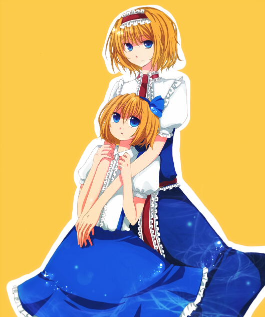 momoko nitsuite, shurin, alice margatroid, alice margatroid (pc-98), mystic square, touhou, touhou (pc-98), bad id, bad pixiv id, 2girls, dual persona, female focus, multiple girls, time paradox