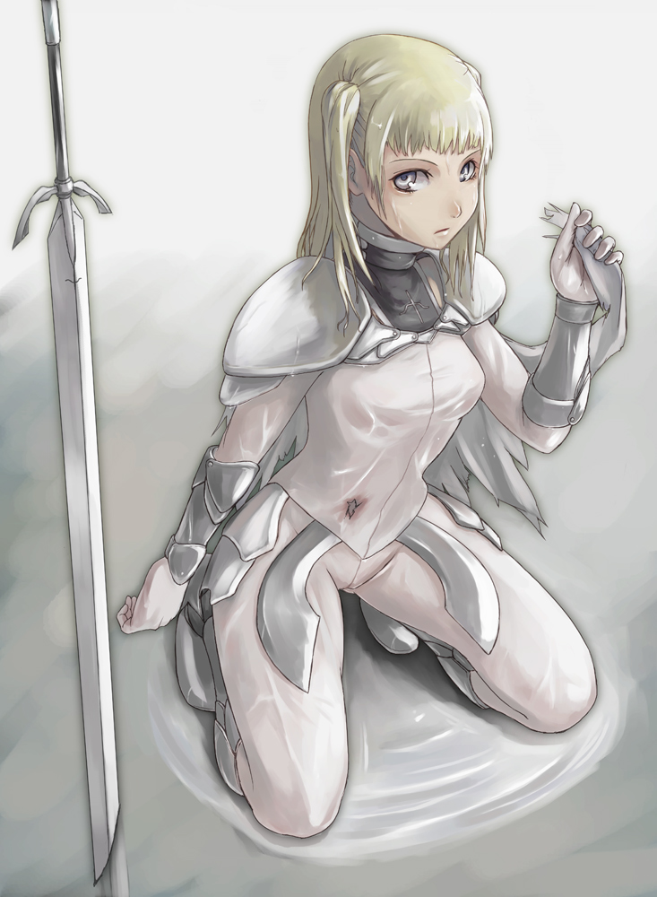 tea (nakenashi), dietrich, claymore (series), bad id, bad pixiv id, 00s, 1girl, armor, blonde hair, claymore (sword), female focus, grey eyes, kneeling, long hair, solo, sword, water, weapon, wet, wet clothes