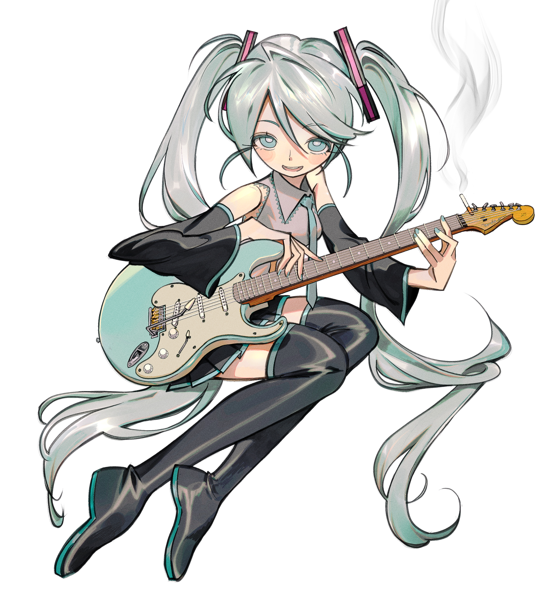 hatsune miku, vocaloid, absurdres, highres, korean commentary, 1girl, aqua eyes, aqua hair, bare shoulders, black boots, black skirt, blue eyes, blue hair, blush, boots, bright pupils, cigarette, detached sleeves, electric guitar, full body, grey shirt, guitar, hair between eyes, hair ornament, holding, instrument, invisible chair, l4y1a laya, long hair, looking at viewer, necktie, open mouth, pleated skirt, shirt, simple background, sitting, skirt, smile, smoke, solo, teeth, thigh boots, twintails, upper teeth only, very long hair, white pupils