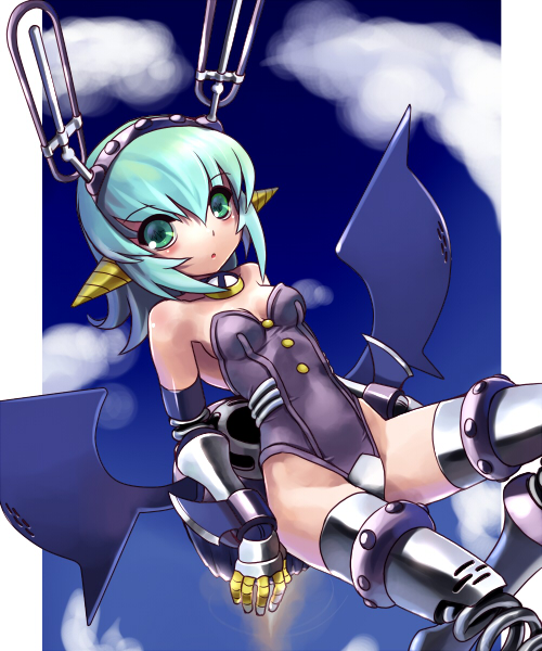 katahira masashi, springs, original, 1girl, animal ears, aqua hair, cloud, day, drill, female focus, gloves, green eyes, horns, mecha musume, rabbit ears, solo, spring (object), thighhighs, wings