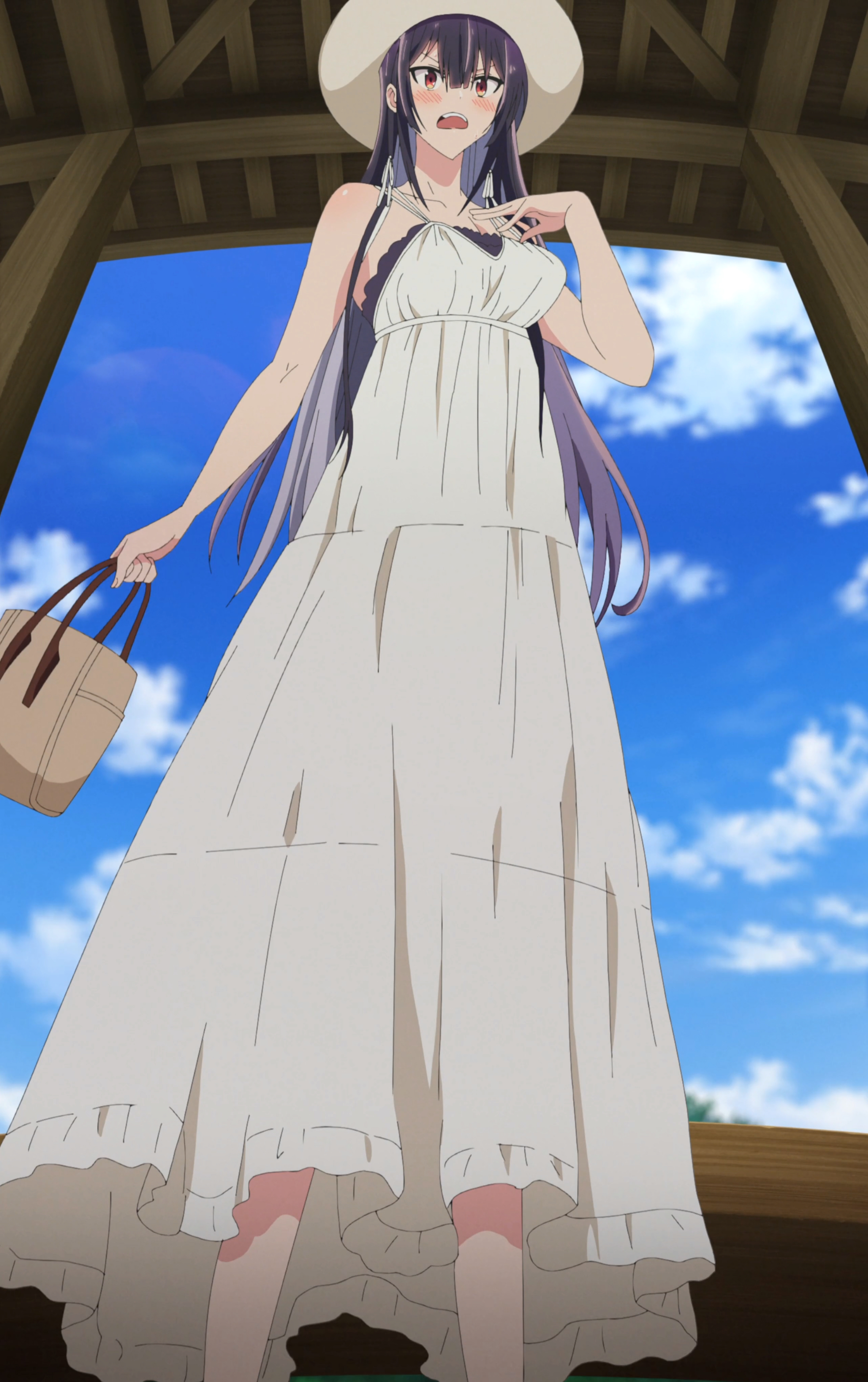 takamine takane, haite kudasai takamine-san, absurdres, anime screenshot, highres, stitched, third-party edit, 1girl, bag, blush, cloud, colored inner hair, dress, feet out of frame, female focus, hair ribbon, hat, holding, holding bag, long hair, looking at viewer, multicolored hair, open mouth, outdoors, purple hair, red eyes, ribbon, sky, sleeveless, sleeveless dress, solo, sun hat, sundress, teeth, two-tone hair, upper teeth only, very long hair, white dress, white hat, white ribbon