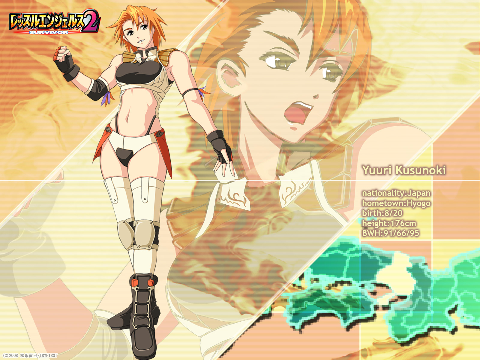 kusunoki yuuri, wrestle angels, wrestle angels survivor 2, highres, official art, 1girl, fingerless gloves, gloves, muscular, orange hair