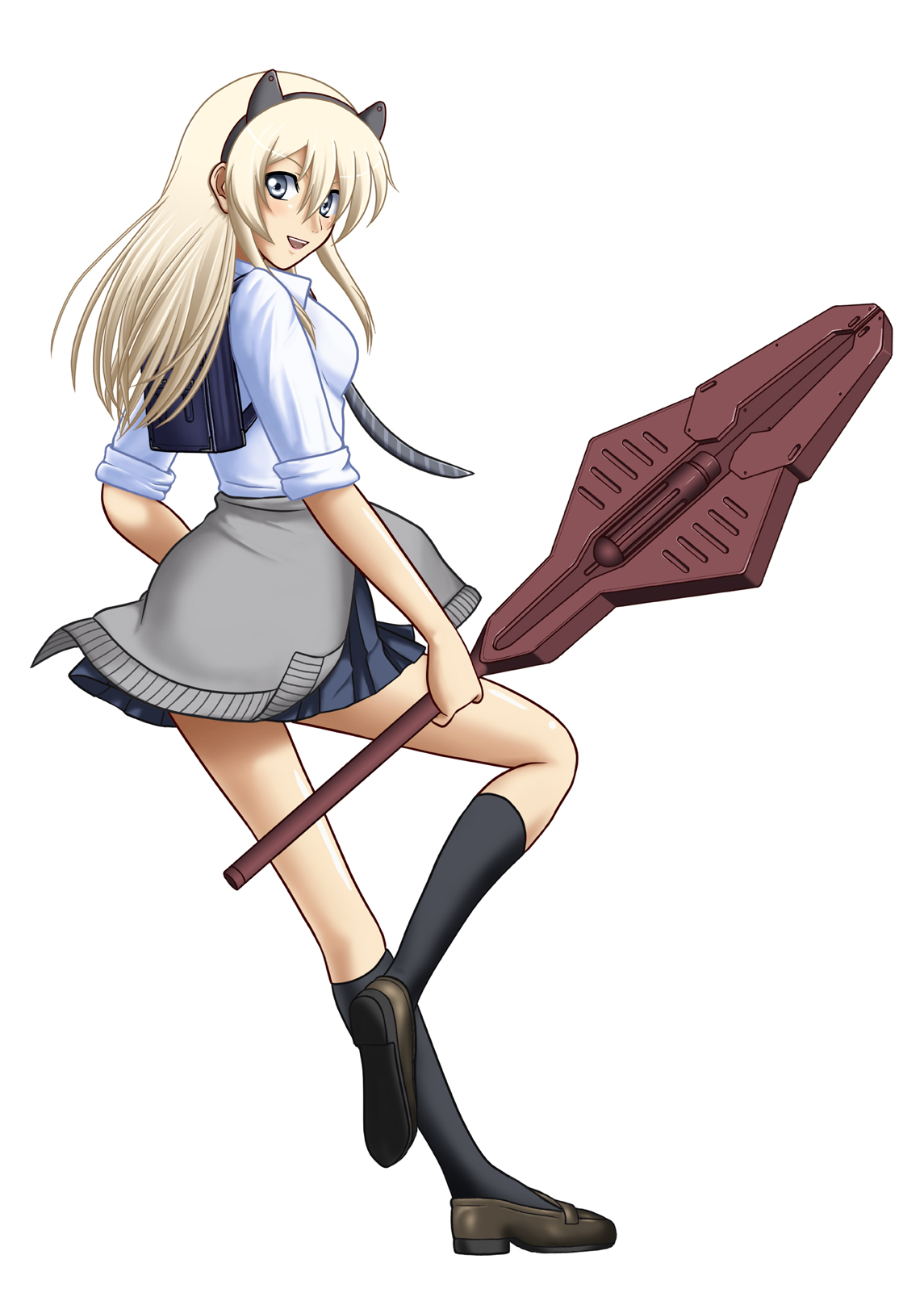 sora (aki00), fatina, druaga no tou, highres, 1girl, animal ears, blonde hair, blue eyes, cat ears, cat girl, female focus, full body, legs, school uniform, simple background, skirt, sleeves rolled up, solo, weapon, white background