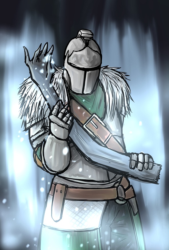 bearer of the curse, dark souls (series), dark souls ii, commentary request, 1other, ambiguous gender, armor, black pants, blue background, breastplate, cowboy shot, fur collar, gauntlets, green shirt, helm, helmet, holding limb, meme, other focus, pants, salt bae (meme), shirt, solo, toreta wasabi