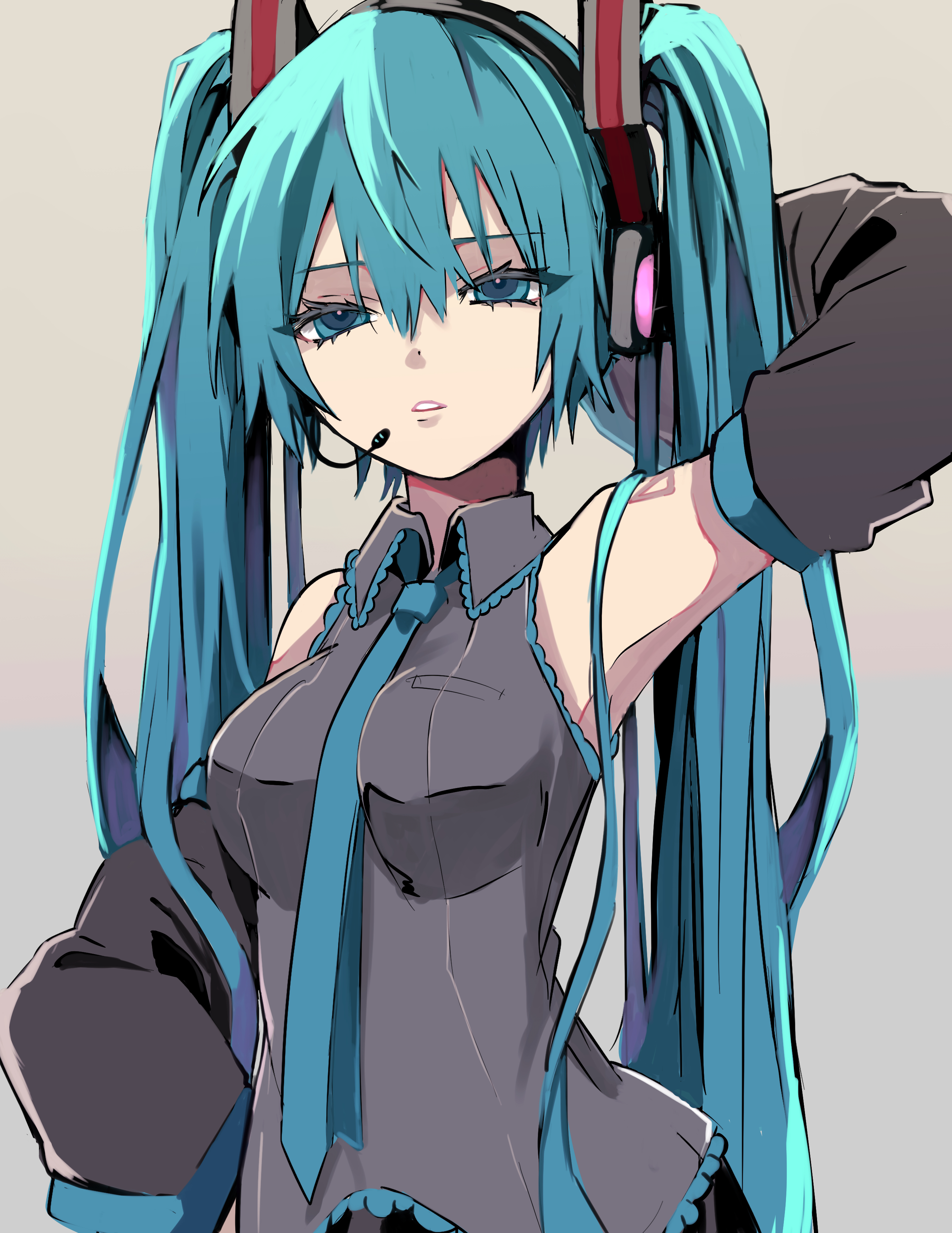 naguno-0713, hatsune miku, vocaloid, absurdres, commentary request, highres, 1girl, aqua eyes, aqua hair, arm tattoo, black sleeves, blue necktie, breasts, collared shirt, detached sleeves, eyelashes, gradient background, grey shirt, hair between eyes, headset, lips, long hair, long sleeves, medium breasts, necktie, number tattoo, shirt, sleeveless, sleeveless shirt, sleeves past fingers, sleeves past wrists, solo, tattoo, twintails, very long hair
