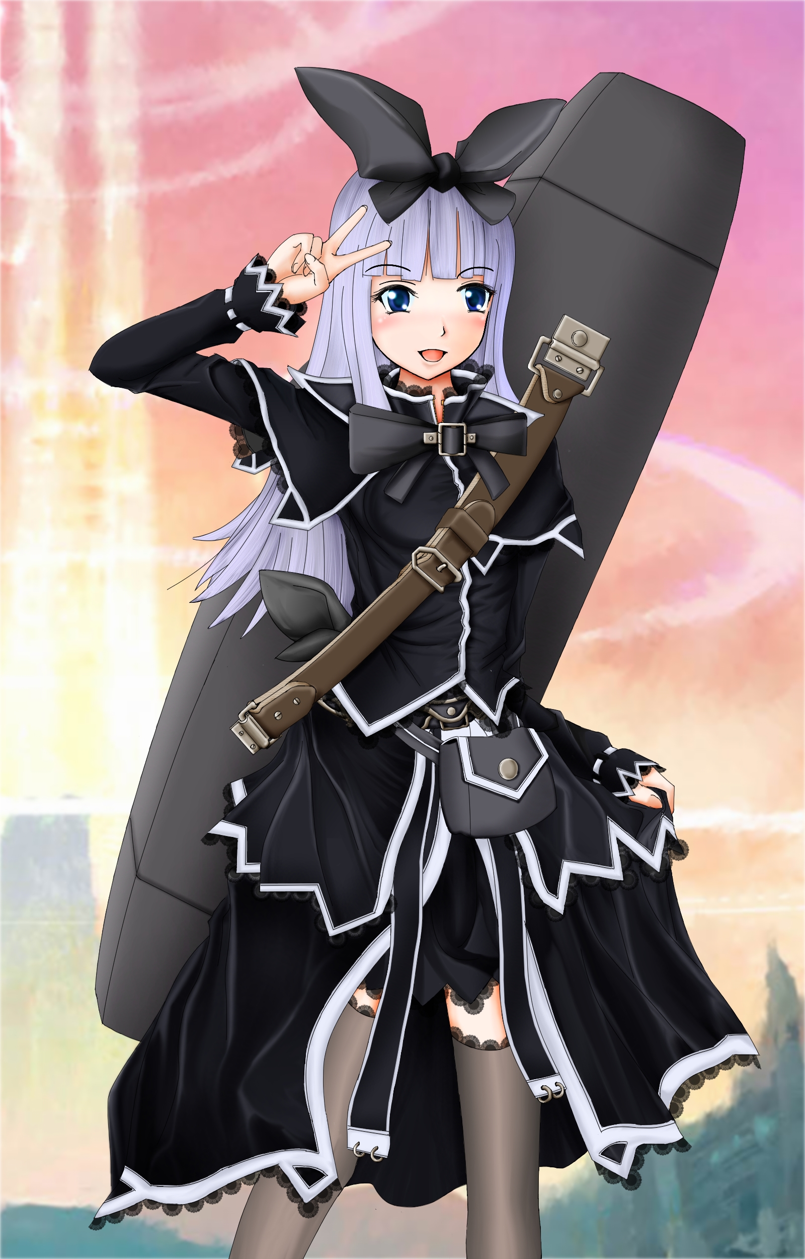cruizer, coopa, druaga no tou, absurdres, bad id, bad pixiv id, highres, 1girl, blue eyes, blush, female focus, solo, thighhighs, v