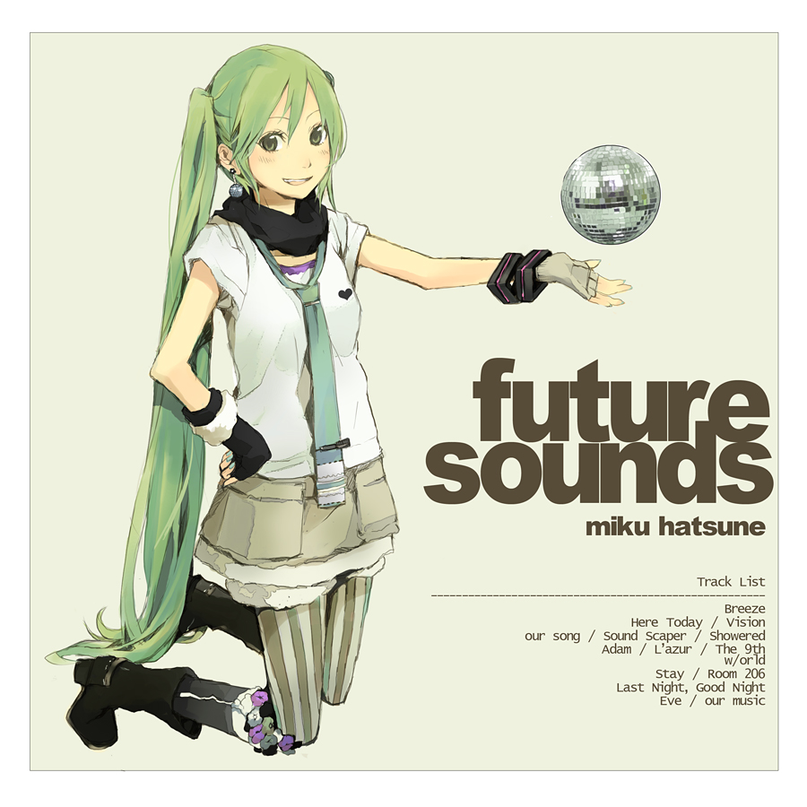 yoshito, hatsune miku, vocaloid, bad id, bad pixiv id, album cover, aqua necktie, asymmetrical gloves, black boots, blouse, boots, casual, cover, disco ball, discoball, english text, fingerless gloves, gloves, green eyes, green hair, grey background, grey shirt, hand on own hip, long hair, mismatched gloves, necktie, nil polish, pantyhose, pantyhose under shorts, shirt, shorts, solo, striped clothes, striped pantyhose, tie clip, vertical-striped clothes, vertical-striped pantyhose, very long hair