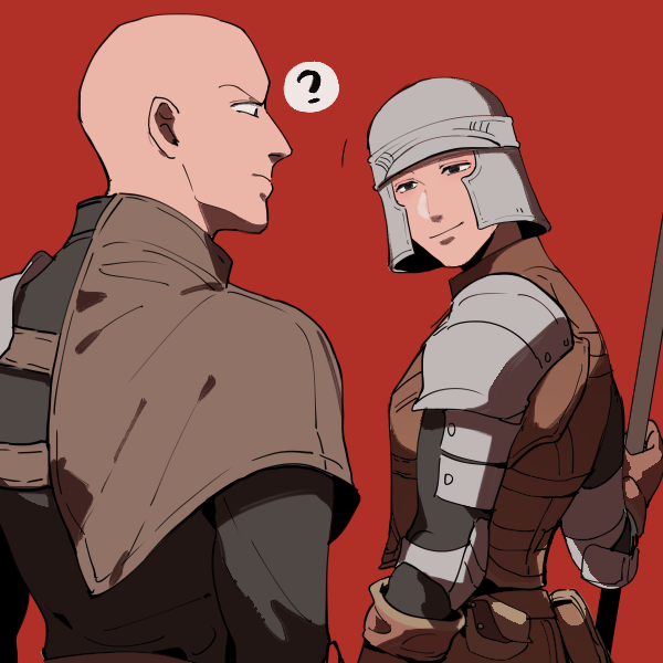ming (5unri5e666), mild mannered pate, patches (fromsoftware), dark souls (series), dark souls i, dark souls ii, commentary request, 2boys, armor, bald, black eyes, black shirt, brown vest, closed mouth, empty eyes, helmet, looking at another, male focus, multiple boys, pauldrons, red background, shirt, shoulder armor, simple background, smile, upper body, vest