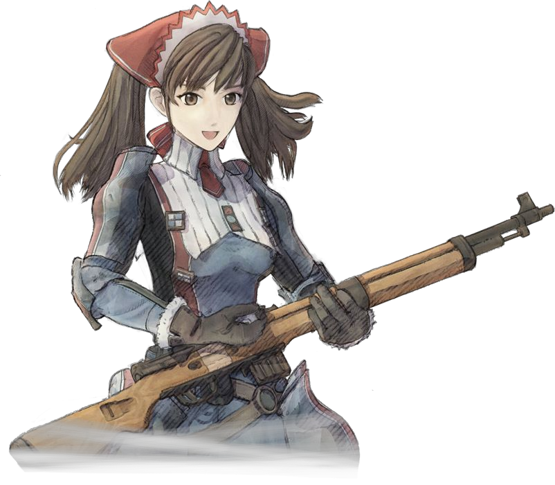 honjou raita, alicia melchiott, senjou no valkyria, senjou no valkyria (series), senjou no valkyria 1, official art, 00s, 1girl, breasts, brown hair, female focus, gloves, gun, hat, long hair, military, military uniform, necktie, rifle, solo, transparent background, turtleneck, twintails, weapon
