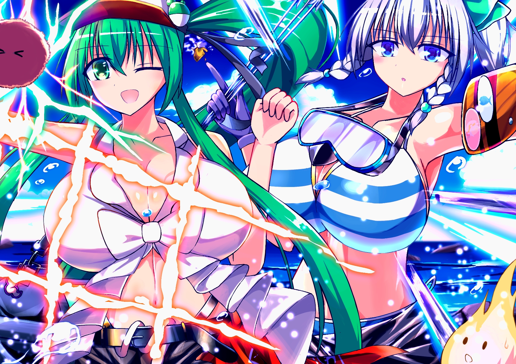 izayoi sakuya, izayoi sakuya (perfect and elegant beach hunter), kochiya sanae, kochiya sanae (new god of the beach), touhou, touhou lostword, highres, 2girls, absurdly long hair, alternate costume, alternate hairstyle, bag, bag charm, baseball cap, beach, belt, bikini, bikini top only, black gloves, black shorts, black wetsuit, blue bikini, blue eyes, blue sky, bodysuit, bodysuit around waist, bow, braid, breasts, charm (object), cleavage, cloud, day, diving suit, duffel bag, frog hat ornament, glint, gloves, goggles, goggles around neck, green eyes, green hair, grey hair, hair between eyes, hair intakes, harpoon, hat, holding, holding harpoon, holding weapon, huge breasts, long hair, looking at viewer, micro shorts, midriff, multiple girls, navel, ocean, one eye closed, outdoors, ponytail, red hat, sakusakudonatsu, short ponytail, shorts, side braids, sky, standing, striped bikini, striped clothes, swimsuit, thong, twin braids, very long hair, vest, wading, waves, weapon, wet, wetsuit, white bikini, white hat