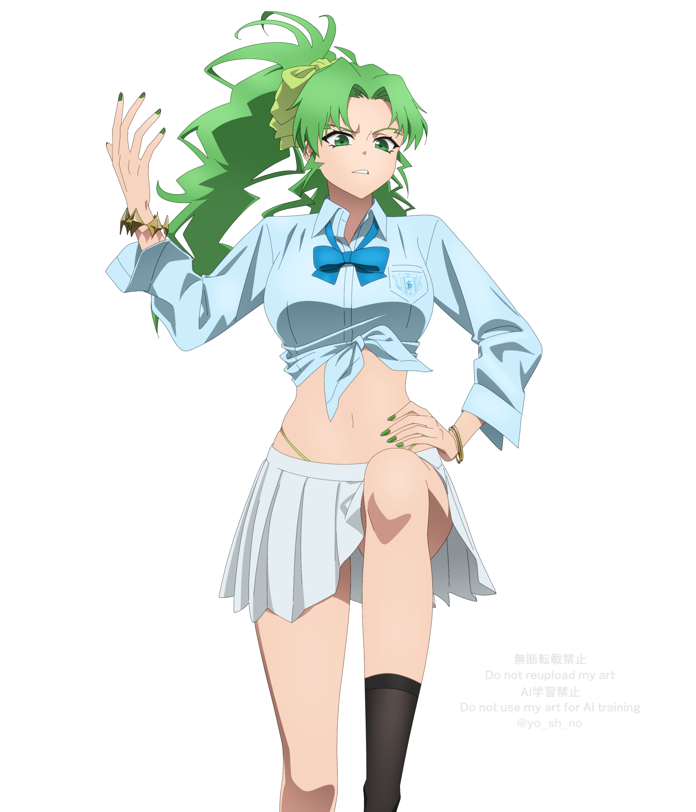 yoshino (laencl), candice catnipp, bleach, bleach: sennen kessen-hen, absurdres, commentary, highres, 1girl, alternate costume, alternate hairstyle, black socks, blue bow, blue bowtie, blue shirt, bow, bowtie, bracelet, collared shirt, frown, green eyes, green hair, green nails, green panties, hair bow, hand up, highleg, highleg panties, jewelry, knee up, kneehighs, long hair, long sleeves, looking at viewer, miniskirt, nail polish, navel, panties, parted bangs, parted lips, pleated skirt, ponytail, school uniform, shirt, simple background, skirt, socks, solo, spiked hair, stomach, underwear, v-shaped eyebrows, watermark, white background, white skirt, yellow bow