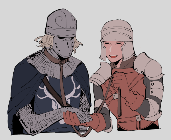 ming (5unri5e666), creighton of mirrah, mild mannered pate, dark souls (series), dark souls ii, commentary request, 2boys, armor, black cape, blue tunic, brown gloves, brown vest, cape, chainmail, closed eyes, gloves, grey background, grey hair, helmet, holding, holding hands, holding leash, leash, male focus, mask, masked, multiple boys, open mouth, simple background, smile, tunic, upper body, vest