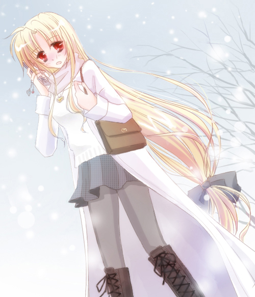 fate testarossa, lyrical nanoha, mahou shoujo lyrical nanoha, mahou shoujo lyrical nanoha strikers, 00s, 1girl, blonde hair, casual, cellphone, fashion, female focus, long hair, low-tied long hair, pantyhose, phone, solo, very long hair