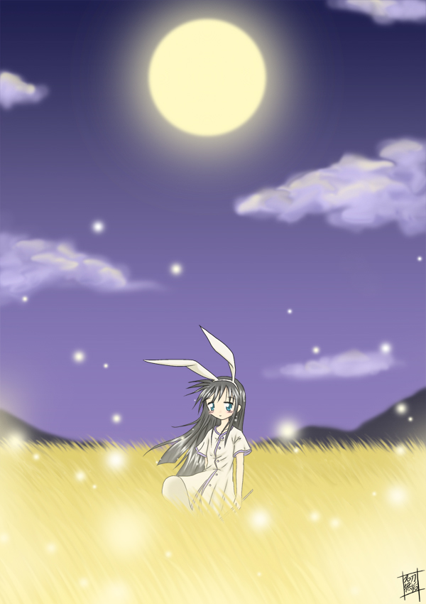 meitou muku, kawasumi mai, kanon, animal ears, field, full moon, moon, night, rabbit ears, solo