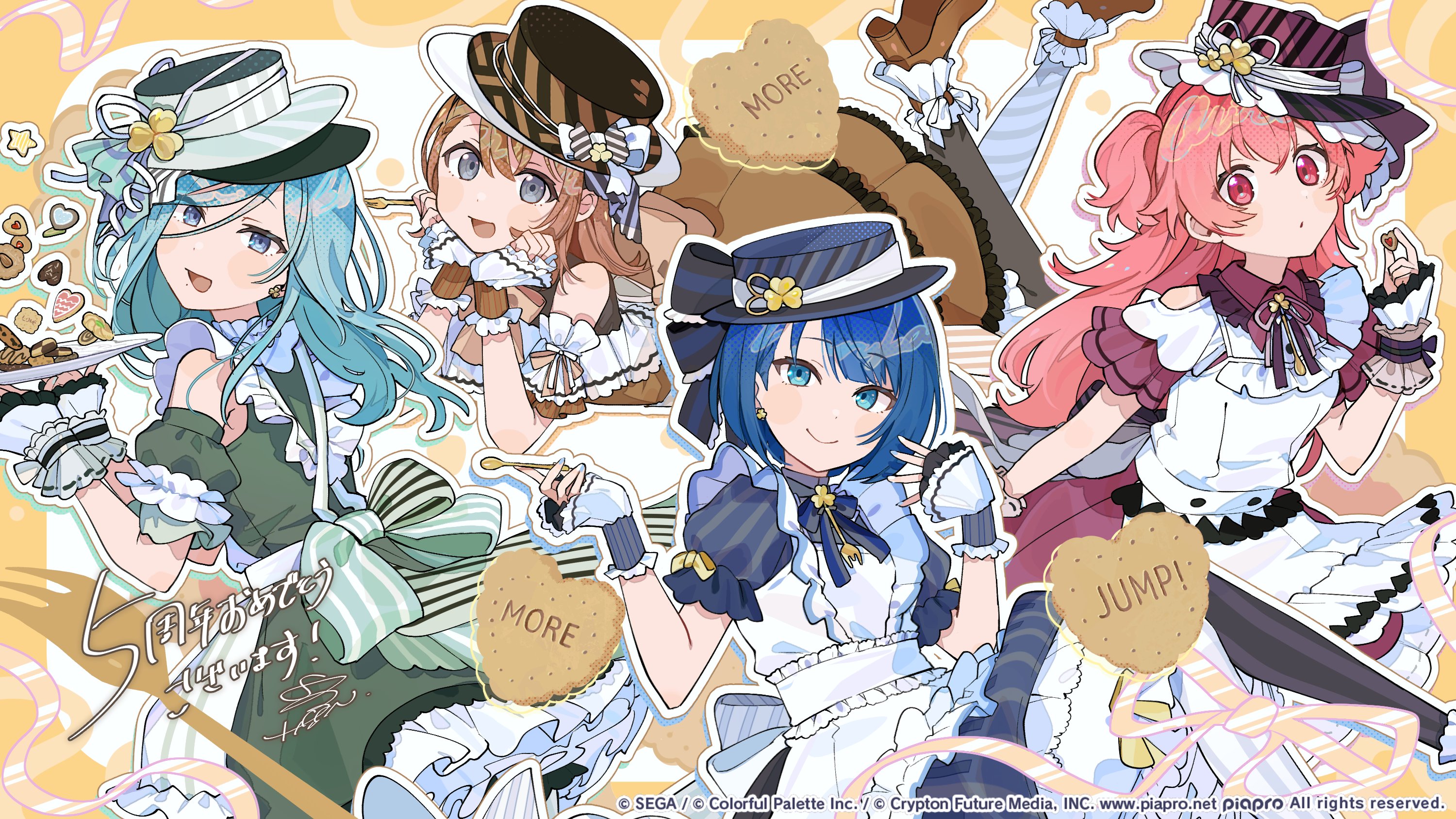 hassan (sink916), hanasato minori, hinomori shizuku, kiritani haruka, momoi airi, project sekai, commentary request, highres, official art, second-party source, translation request, 4girls, anniversary, aqua hair, blue dress, blue eyes, blue hair, blue hat, brown dress, brown hair, brown hat, character name, company name, cookie, copyright notice, detached sleeves, dress, food, frilled sleeves, frills, green dress, green hat, grey eyes, guest art, hat, heart, holding, holding plate, looking at viewer, matching outfits, more more jump! (project sekai), multiple girls, official alternate costume, outline, pink dress, pink eyes, pink hair, pink hat, plate, puffy short sleeves, puffy sleeves, short sleeves, star (symbol), striped clothes, striped dress, striped hat, two side up, white outline