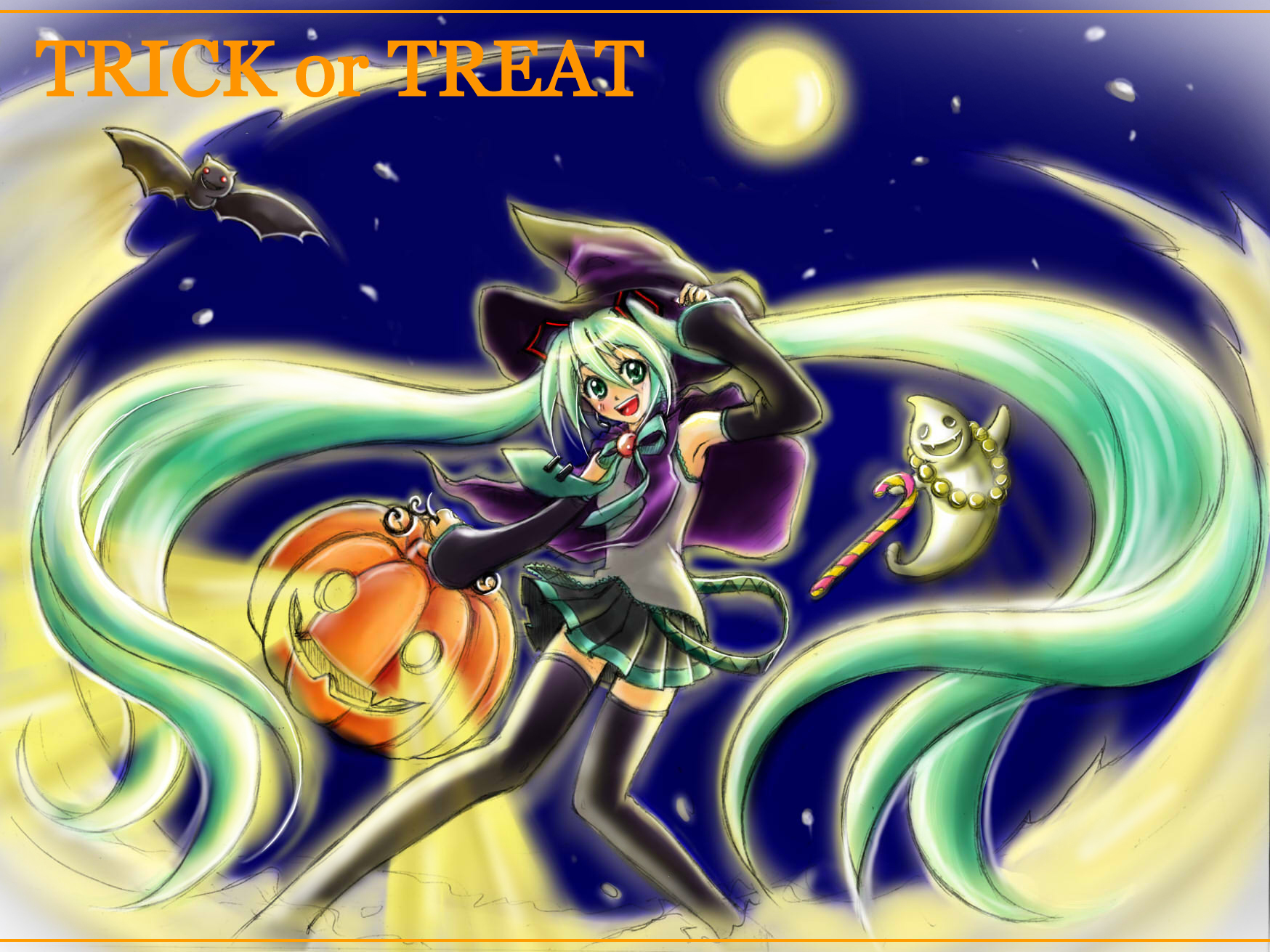 kitajima maya (artist), maya (tora-jimmy), hatsune miku, vocaloid, highres, 1girl, aqua eyes, aqua hair, bat (animal), candy, candy cane, cape, detached sleeves, eye beam, female focus, food, full moon, ghost, halloween, hat, holding, holding candy, holding candy cane, holding food, holding pumpkin, holding vegetable, jack-o'-lantern, long hair, moon, night, night sky, pumpkin, skirt, sky, solo, thighhighs, trick or treat, twintails, vegetable, very long hair, witch hat, zettai ryouiki