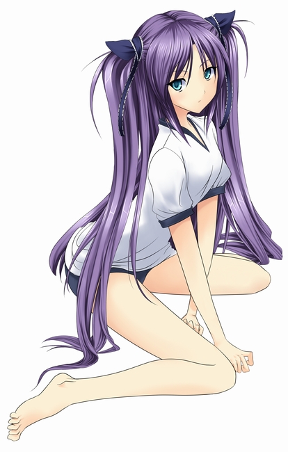 couzone, sasasegawa sasami, little busters!, bad id, bad pixiv id, 1girl, barefoot, blue eyes, buruma, feet, female focus, gym uniform, long hair, purple hair, sitting, solo, toes, twintails, wariza