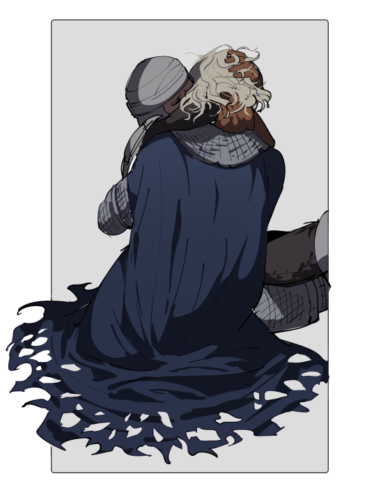 ming (5unri5e666), creighton of mirrah, mild mannered pate, dark souls (series), dark souls ii, commentary request, 2boys, armor, blue cape, brown gloves, cape, chainmail, closed eyes, full body, gloves, grey background, grey hair, helmet, kiss, multiple boys, short hair, simple background, sitting, torn cape, torn clothes, yaoi