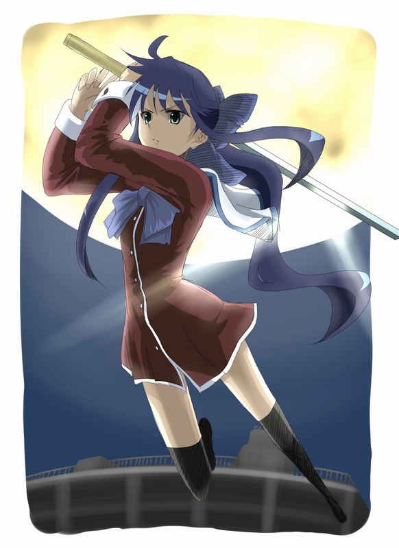 couzone, kawasumi mai, kanon, bad id, bad pixiv id, 1girl, female focus, long hair, moon, red skirt, school uniform, skirt, solo, sword, thighhighs, weapon