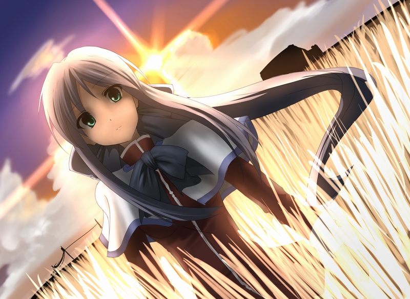 couzone, kawasumi mai, kanon, bad id, bad pixiv id, 1girl, dutch angle, female focus, field, green eyes, long hair, ponytail, school uniform, solo, sun, sunset