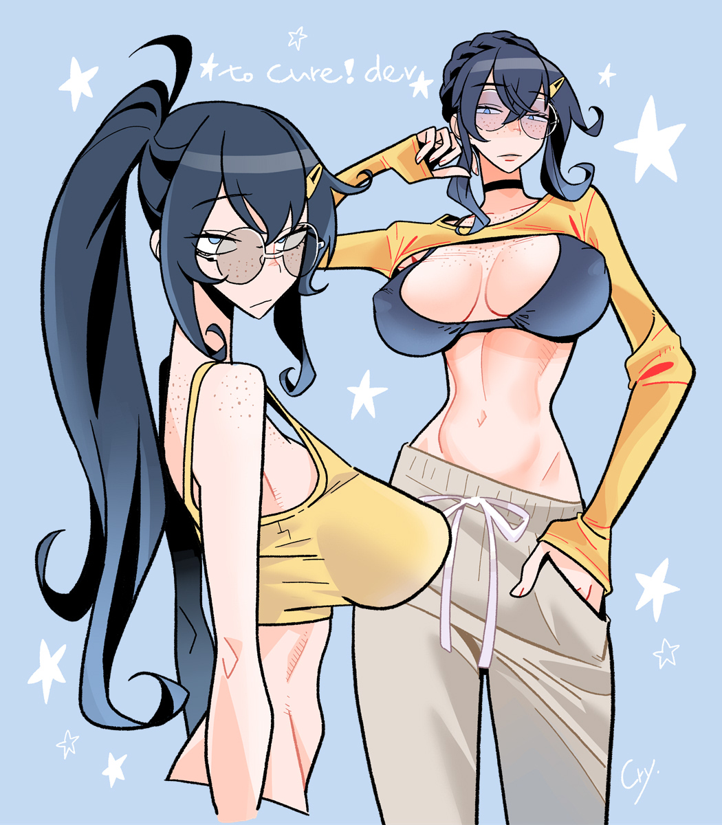 callan (callancoe), original, commission, highres, skeb commission, 1girl, :|, bikini, bikini top only, black bikini, black choker, black hair, blue background, blue eyes, body freckles, braid, breasts, breasts apart, bun with braided base, chest freckles, choker, closed mouth, collarbone, commissioner name, covered erect nipples, cure (cureisonline), english text, eyelashes, facing viewer, freckles, from below, from side, glasses, groin, hair ornament, hairclip, high ponytail, large breasts, long hair, long sleeves, looking at viewer, looking to the side, multiple views, narrowed eyes, navel, no pupils, pants, ponytail, raised eyebrows, round eyewear, shoulder freckles, shrug (clothing), sidelocks, signature, simple background, sleeves past wrists, solo, standing, star (symbol), stomach, swimsuit, tank top, track pants, very long hair, yellow shrug, yellow tank top