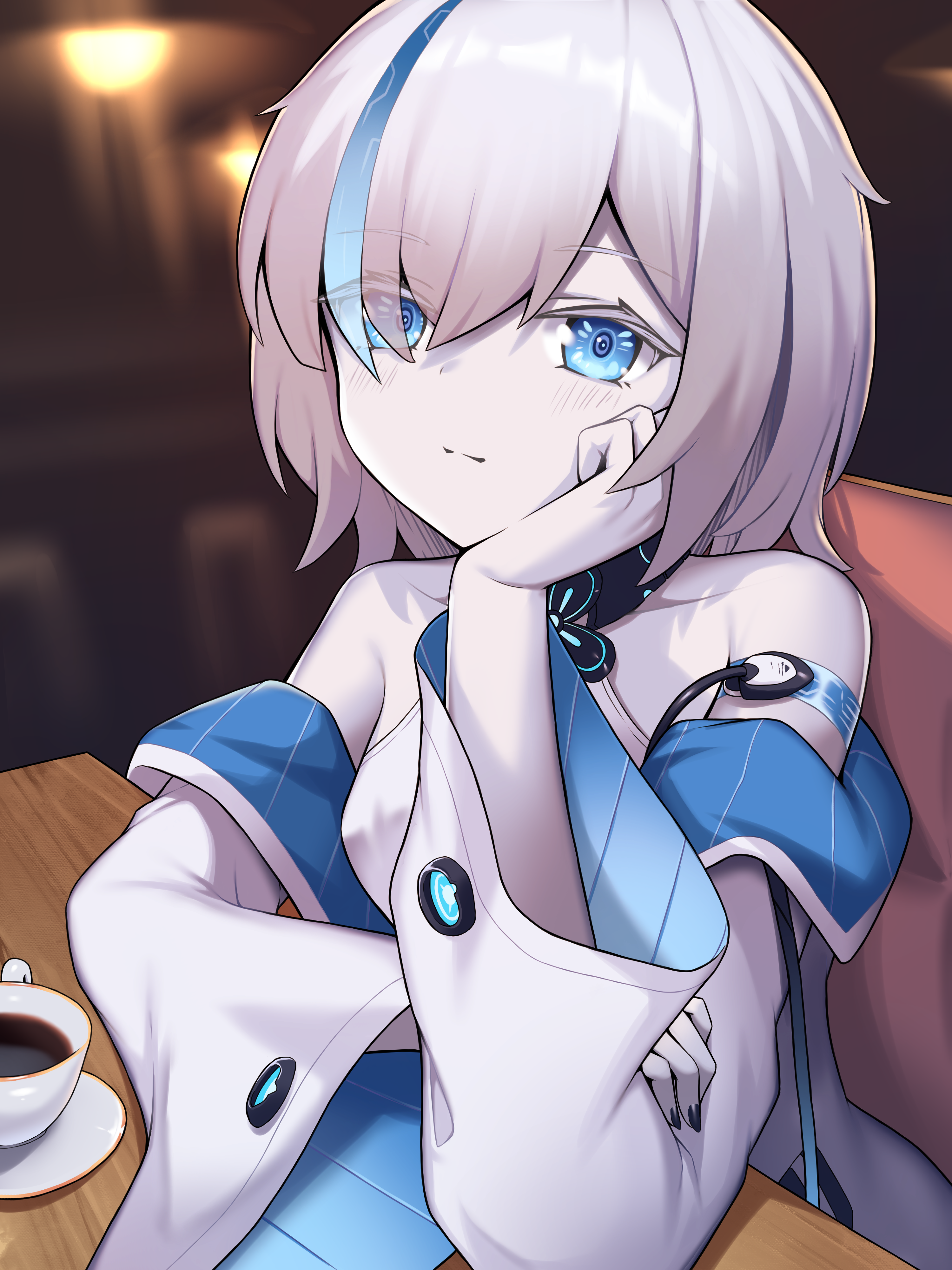 seori, siren (azur lane), tb (azur lane), tb (type-a) (azur lane), azur lane, absurdres, commentary, english commentary, highres, 1girl, aged up, arm on table, bare shoulders, black nails, blue eyes, blue hair, blurry, blurry background, blush, breasts, closed mouth, coat, coffee, coffee mug, colored eyelashes, colored skin, cup, dress, elbow rest, expressionless, eyes visible through hair, four-leaf clover necklace, hand on own cheek, hand on own face, hand up, head rest, indoors, jacket, lamp, looking at viewer, medium breasts, mug, multicolored hair, nail polish, off shoulder, open clothes, open coat, pale skin, plate, short hair, sitting, solo, streaked hair, table, two-sided fabric, two-sided jacket, two-tone hair, white coat, white dress, white hair, white skin, wide sleeves