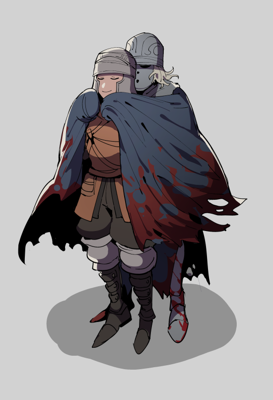 ming (5unri5e666), creighton of mirrah, mild mannered pate, dark souls (series), dark souls ii, commentary request, 2boys, black pants, blood, blood on clothes, blue cape, cape, closed eyes, closed mouth, full body, grey background, grey hair, helmet, hug, hug from behind, male focus, mask, masked, multiple boys, pants, short hair, simple background, smile, standing, yaoi