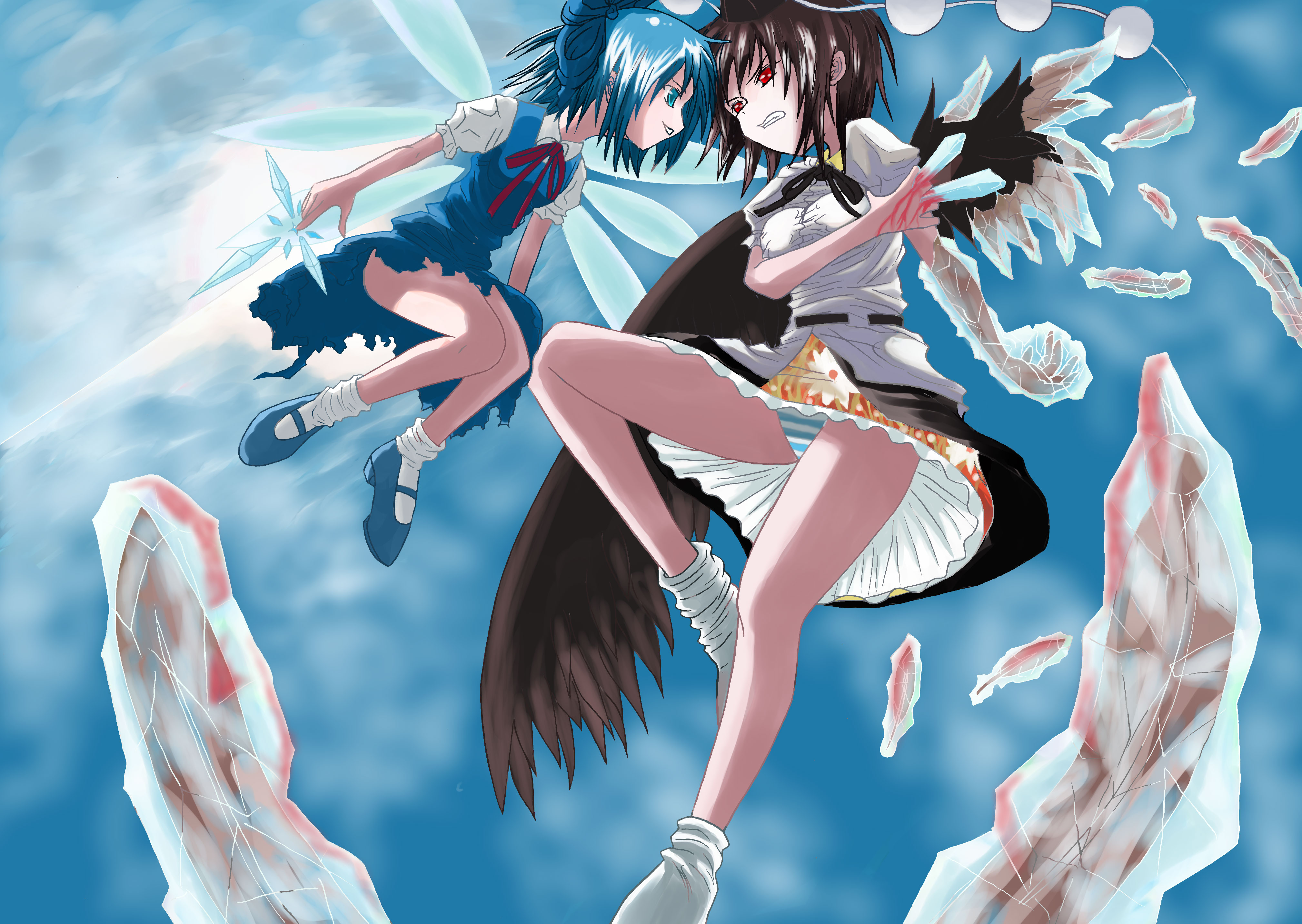 starfang, cirno, shameimaru aya, touhou, absurdres, bad id, bad pixiv id, highres, 2girls, battle, blood, female focus, multiple girls, panties, striped clothes, striped panties, underwear, wings