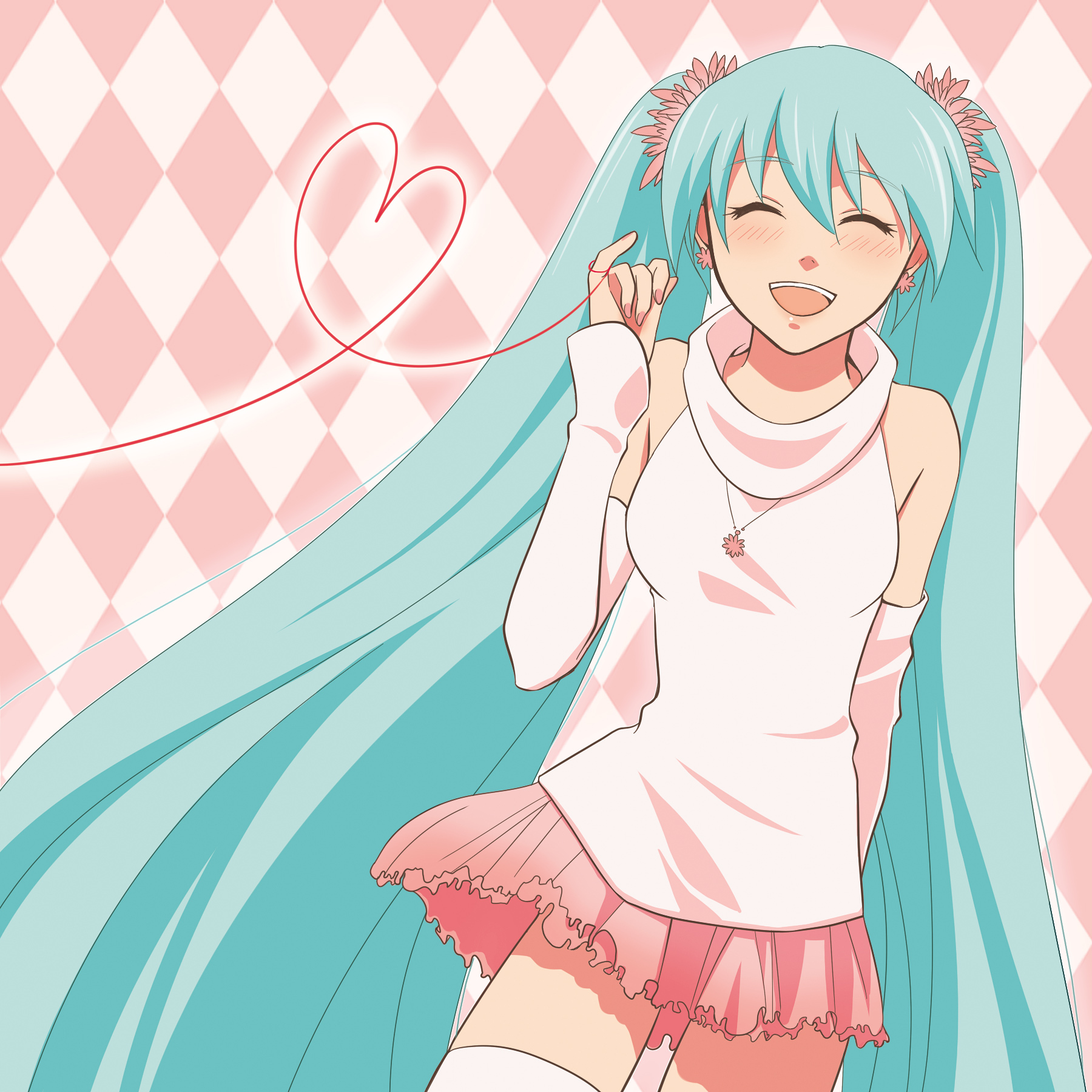 hatsune miku, vocaloid, highres, aqua hair, closed eyes, detached sleeves, happy, jewelry, long hair, necklace, skirt, solo, string, string of fate, thighhighs, twintails, very long hair, zettai ryouiki