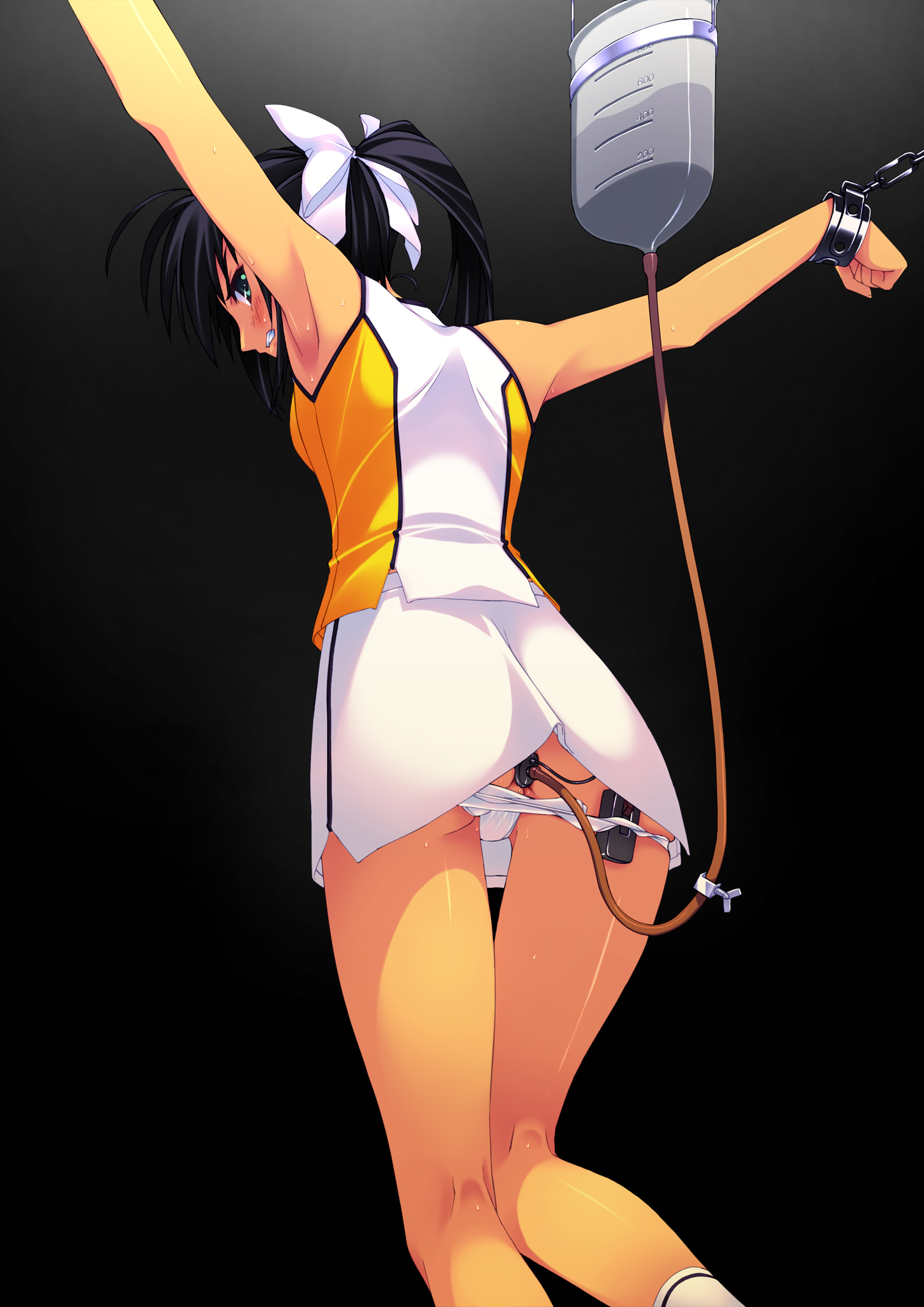 murakami suigun, f-ism, original, highres, 1girl, anal, anal object insertion, angry, anus only, armpits, bare arms, bare shoulders, bdsm, black background, black hair, blush, bondage, bound, breasts, butt plug, chain, chained, clenched teeth, cuffs, enema, feet out of frame, female focus, from behind, green eyes, hair ribbon, kneepits, long hair, looking at viewer, looking back, medium breasts, miniskirt, object insertion, outstretched arms, panties, panty pull, ponytail, profile, ribbon, sex toy, sideways mouth, skirt, sleeveless, socks, solo, spread arms, sweat, teeth, thighs, tube, underwear, upskirt, vibrator, white panties, white skirt, white socks