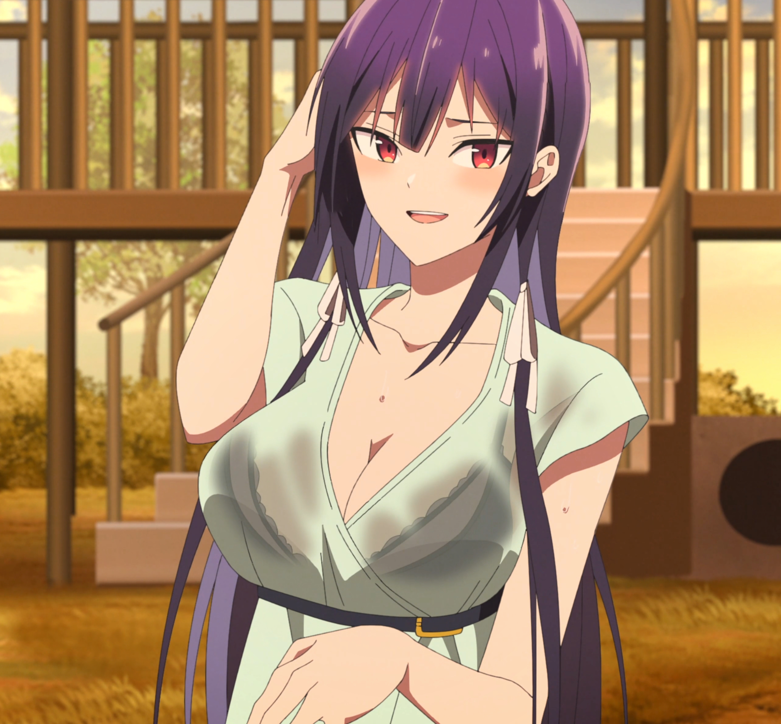 takamine takane, haite kudasai takamine-san, absurdres, anime screenshot, highres, stitched, third-party edit, 1girl, black bra, bra, breasts, cleavage, collarbone, colored inner hair, female focus, hair ribbon, large breasts, long hair, multicolored hair, open mouth, outdoors, portrait, purple hair, red eyes, ribbon, see-through clothes, see-through shirt, shirt, short sleeves, smile, solo, teeth, two-tone hair, underwear, upper teeth only, very long hair, wet, wet clothes, wet shirt, white ribbon
