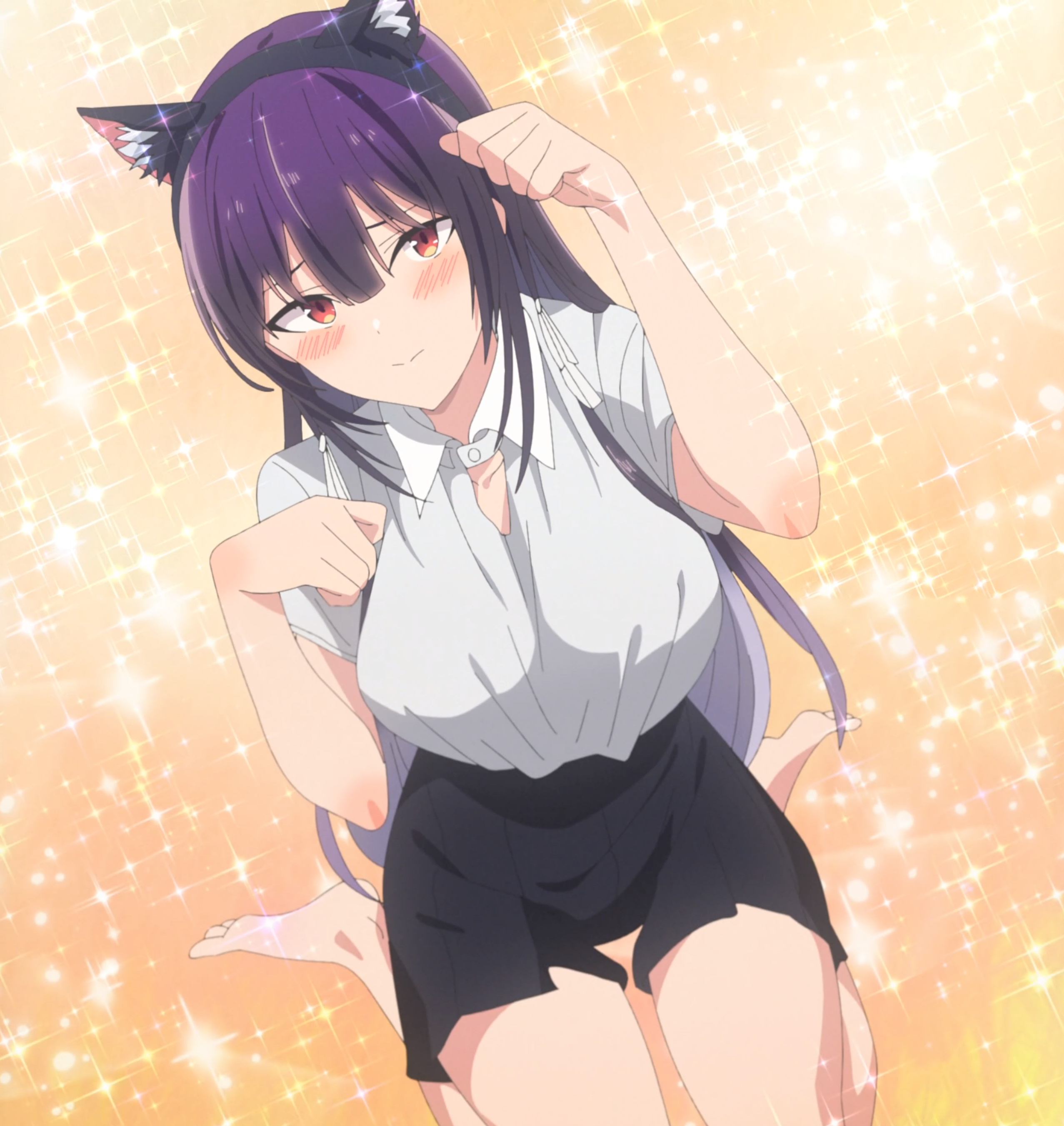 takamine takane, haite kudasai takamine-san, absurdres, anime screenshot, highres, stitched, third-party edit, 1girl, animal ears, bare legs, barefoot, black skirt, blush, breasts, cat ears, closed mouth, collared shirt, colored inner hair, fake animal ears, feet, female focus, hair ribbon, ile, large breasts, long hair, multicolored hair, orange background, paw pose, purple hair, red eyes, ribbon, shirt, shirt tucked in, sitting, skirt, solo, sparkle background, thighs, toes, two-tone hair, very long hair, wariza, white ribbon, white shirt