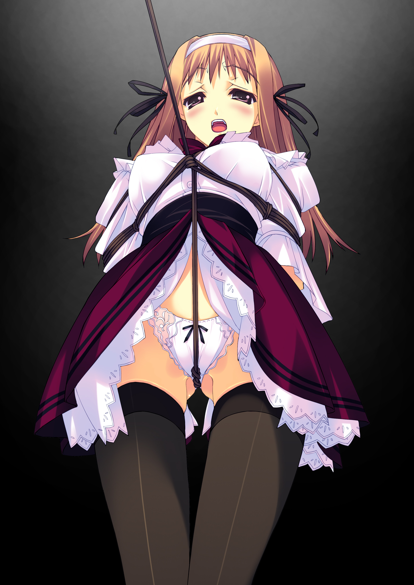 murakami suigun, f-ism, original, highres, 1girl, arms behind back, assisted exposure, bdsm, blush, bondage, bound, breast bondage, breasts, clothes lift, crotch rope, female focus, medium breasts, panties, predicament bondage, rope, shibari, shibari over clothes, skirt, skirt lift, solo, thighhighs, underwear, upskirt, white panties