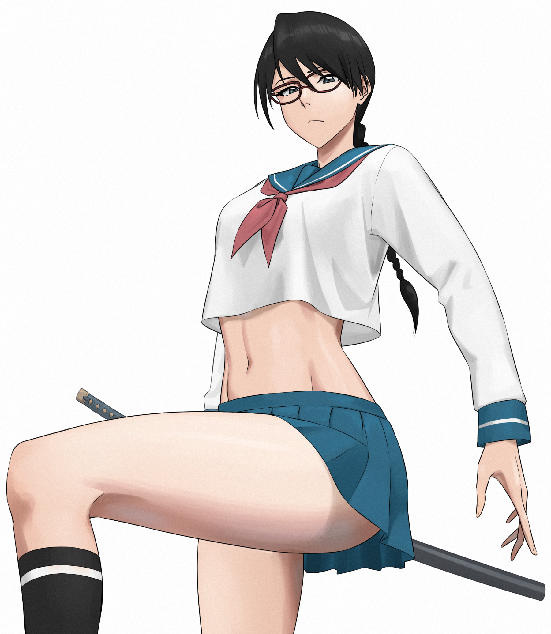 yoshino (laencl), yadoumaru lisa, bleach, commentary, highres, 1girl, black socks, blue sailor collar, blue skirt, braid, braided ponytail, closed mouth, fighting stance, from below, frown, glasses, grey eyes, hair between eyes, katana, kneehighs, long hair, long sleeves, looking at viewer, low ponytail, midriff, miniskirt, navel, neckerchief, pleated skirt, ponytail, red-framed eyewear, red neckerchief, sailor collar, school uniform, serafuku, shirt, simple background, skirt, socks, solo, standing, sword, thighs, weapon, white background, white shirt