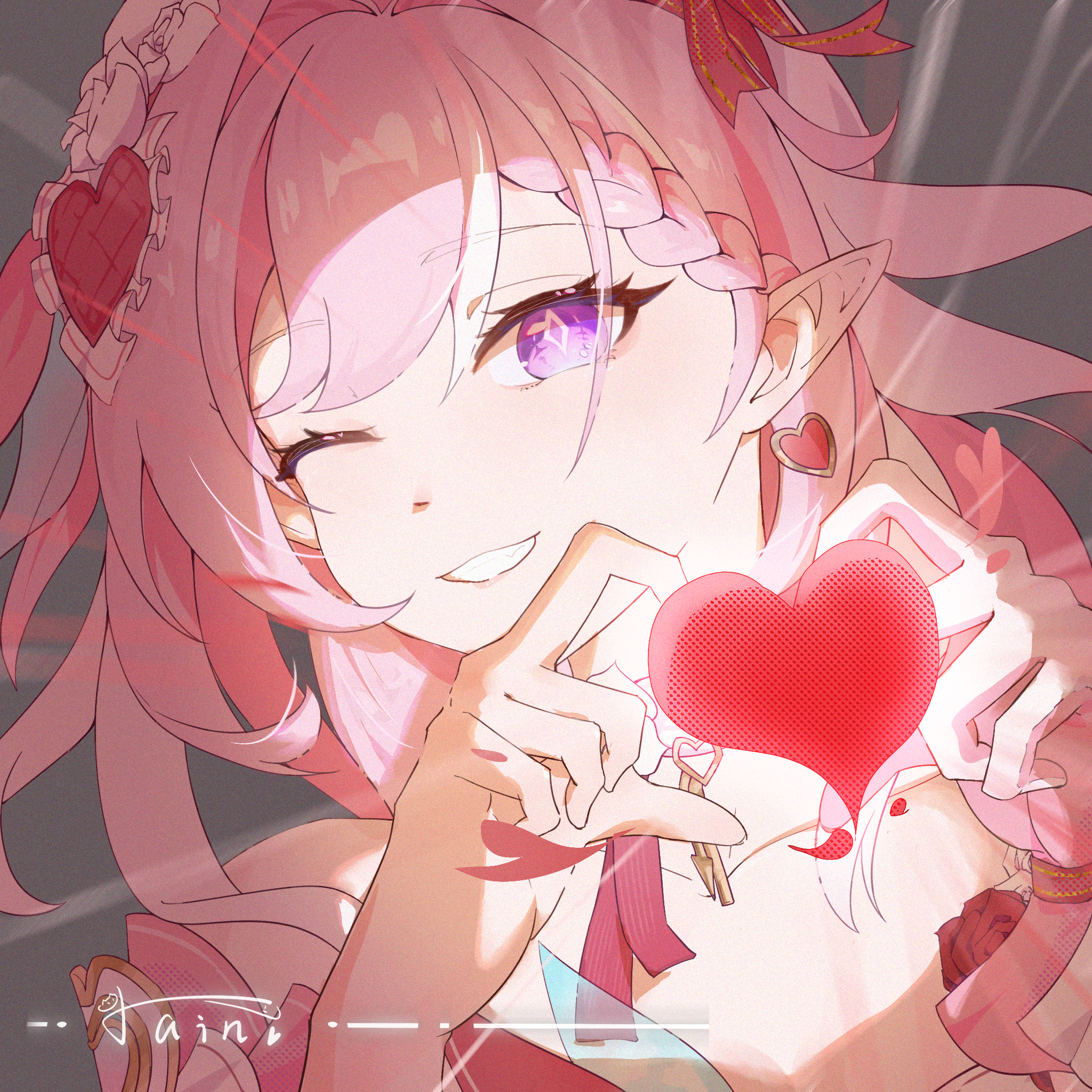 elysia (hi love elf) (honkai impact), elysia (honkai impact), honkai (series), honkai impact 3rd, commentary request, highres, 1girl, ;o, breasts, earrings, elf, four-finger heart hands, grey background, heart, heart earrings, heart hands, jewelry, long hair, one eye closed, pink hair, pointy ears, purple eyes, smile, solo, upper body, very long hair, zhaolu