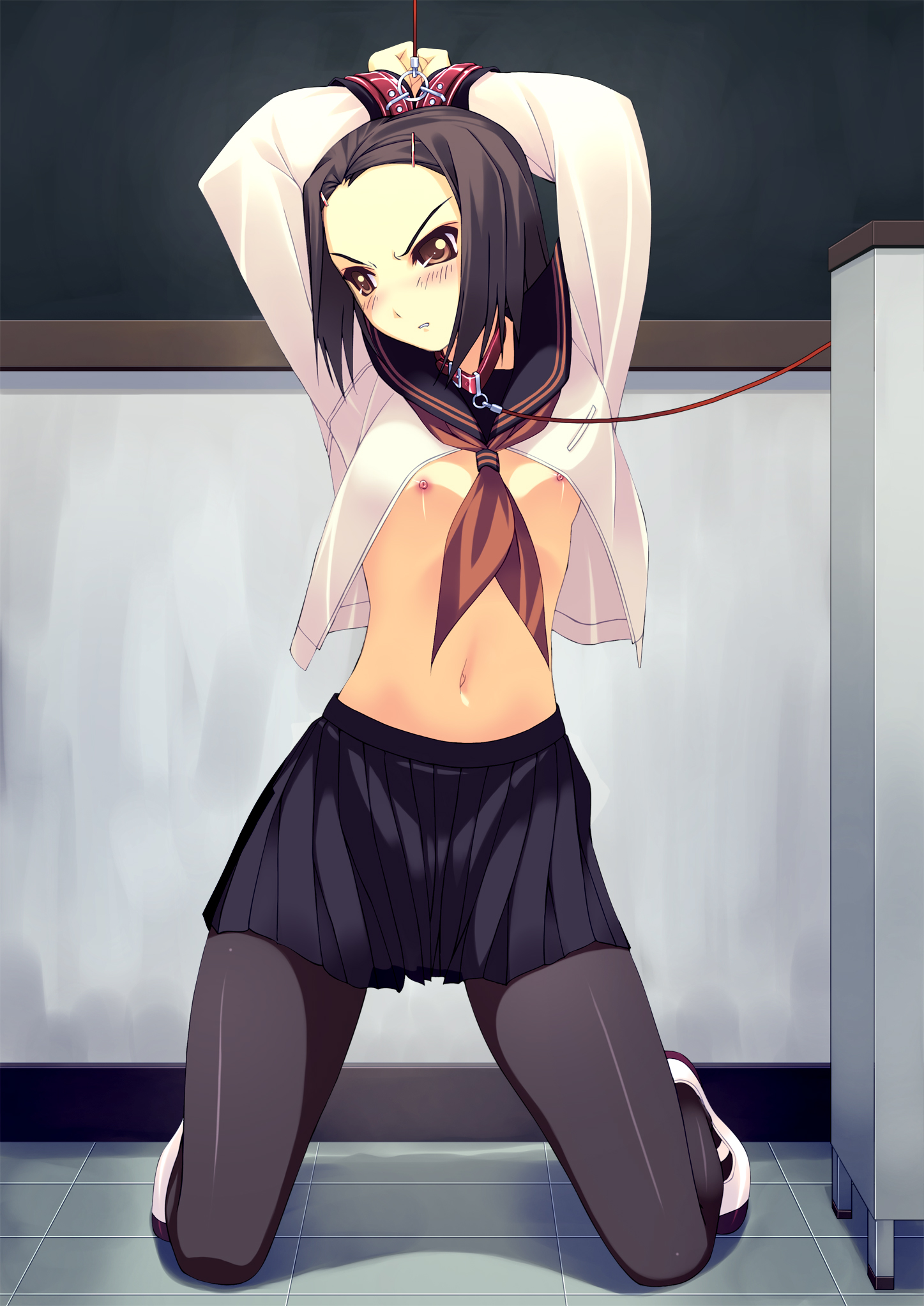 murakami suigun, f-ism, original, looking away, highres, 1girl, angry, averting eyes, bdsm, black pantyhose, blush, bondage, bound, chalkboard, classroom, collar, cuffs, embarrassed, female focus, flat chest, forehead, humiliation, leash, nipples, no bra, open clothes, open shirt, pantyhose, podium, school, school uniform, serafuku, shirt, shoes, slave, solo, uwabaki, white shoes