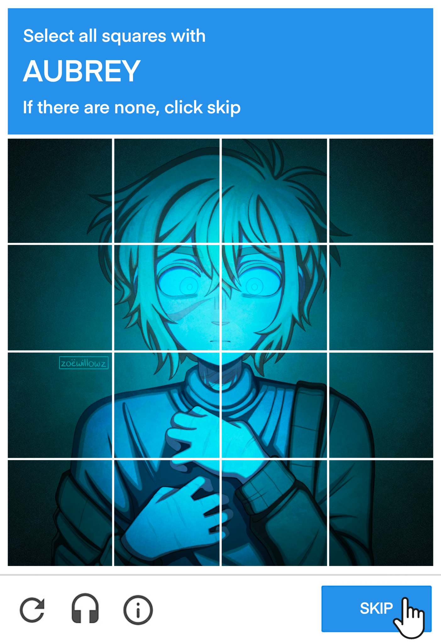 aubrey (faraway) (omori), aubrey (omori), basil (faraway) (omori), basil (omori), omori, highres, 1boy, alternate universe, antenna hair, artist name, blonde hair, blue eyes, blue sweater, body switch, bright pupils, captcha, cardigan, closed mouth, green cardigan, hand cursor, long sleeves, looking at viewer, personality switch, scar, scar on face, scar on hand, scar on neck, short hair, solo, sweater, white pupils, zoewillowz