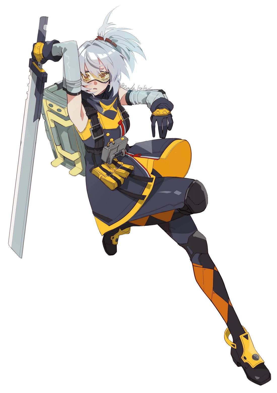 zunda kaku, soldier 11 (zenless zone zero), zenless zone zero, highres, 1girl, ammunition pouch, arm up, armpits, bare shoulders, belt, black dress, black gloves, container, dress, gloves, goggles, grey sleeves, hair between eyes, holding, holding sword, holding weapon, knee pads, looking at viewer, open mouth, orange-tinted eyewear, orange eyes, ponytail, pouch, sleeveless, sleeveless jacket, solo, standing, standing on one leg, sword, tinted eyewear, twitter username, weapon, white background, white hair, yellow-tinted eyewear, yellow dress