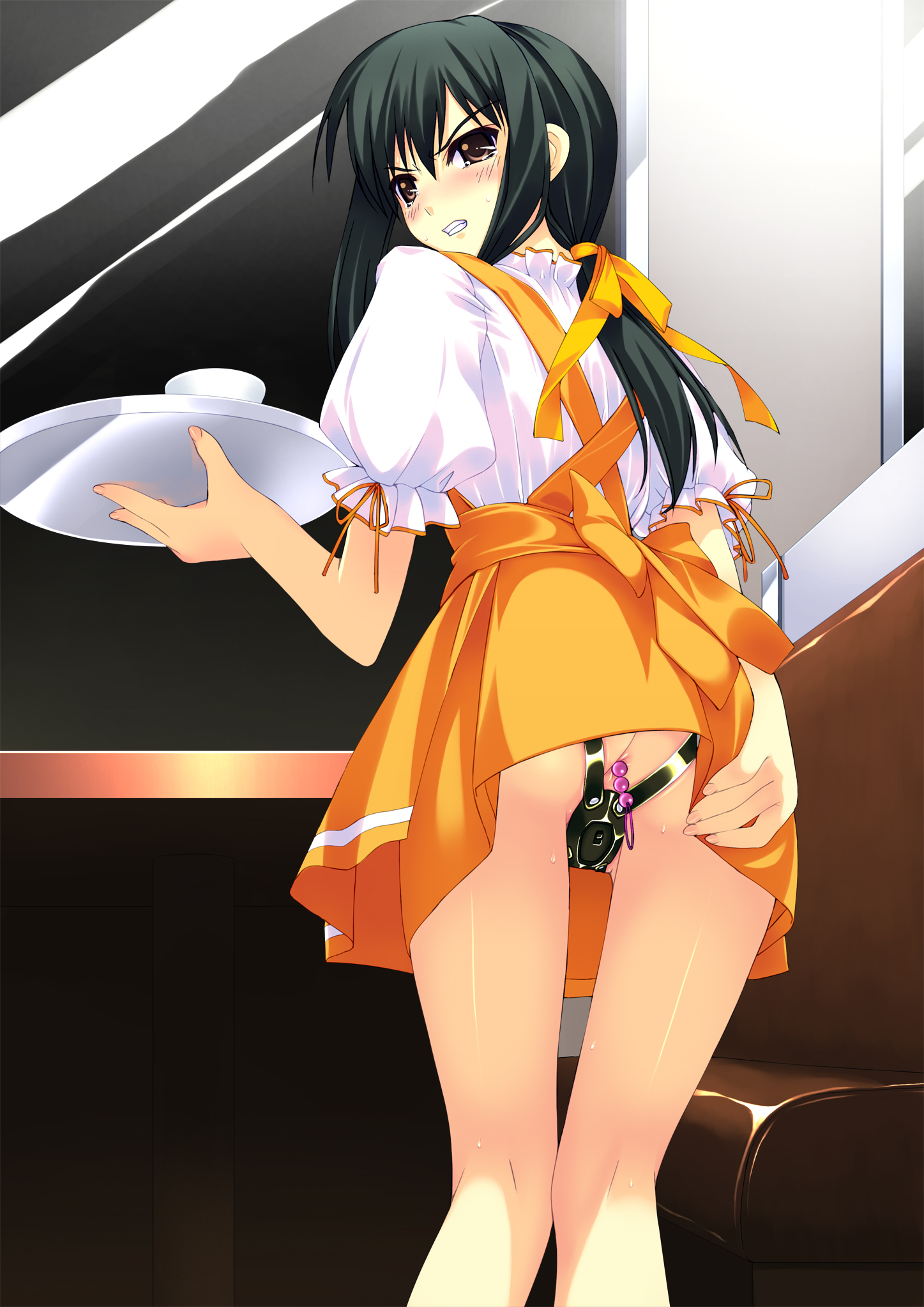 murakami suigun, anna miller, f-ism, original, highres, 1girl, anal, anal beads, apron, bdsm, blush, brown eyes, chastity belt, dildo, dildo harness, discreet vibrator, female focus, indoors, kneepits, long hair, low ponytail, object insertion, orange skirt, ponytail, public indecency, public vibrator, ribbon, sex toy, skirt, solo, sweat, tears, thighs, tray, uncensored, underwear, vaginal, vibrator, vibrator under clothes, waitress