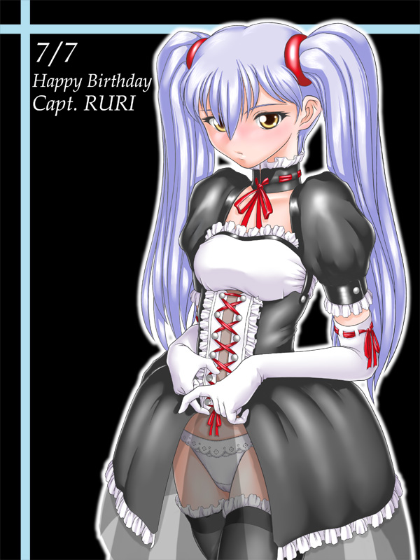 ^jj^, alpharalpha, hoshino ruri, kidou senkan nadesico, blue hair, dress, gothic lolita, lolita fashion, long hair, panties, solo, thighhighs, twintails, underwear, white panties