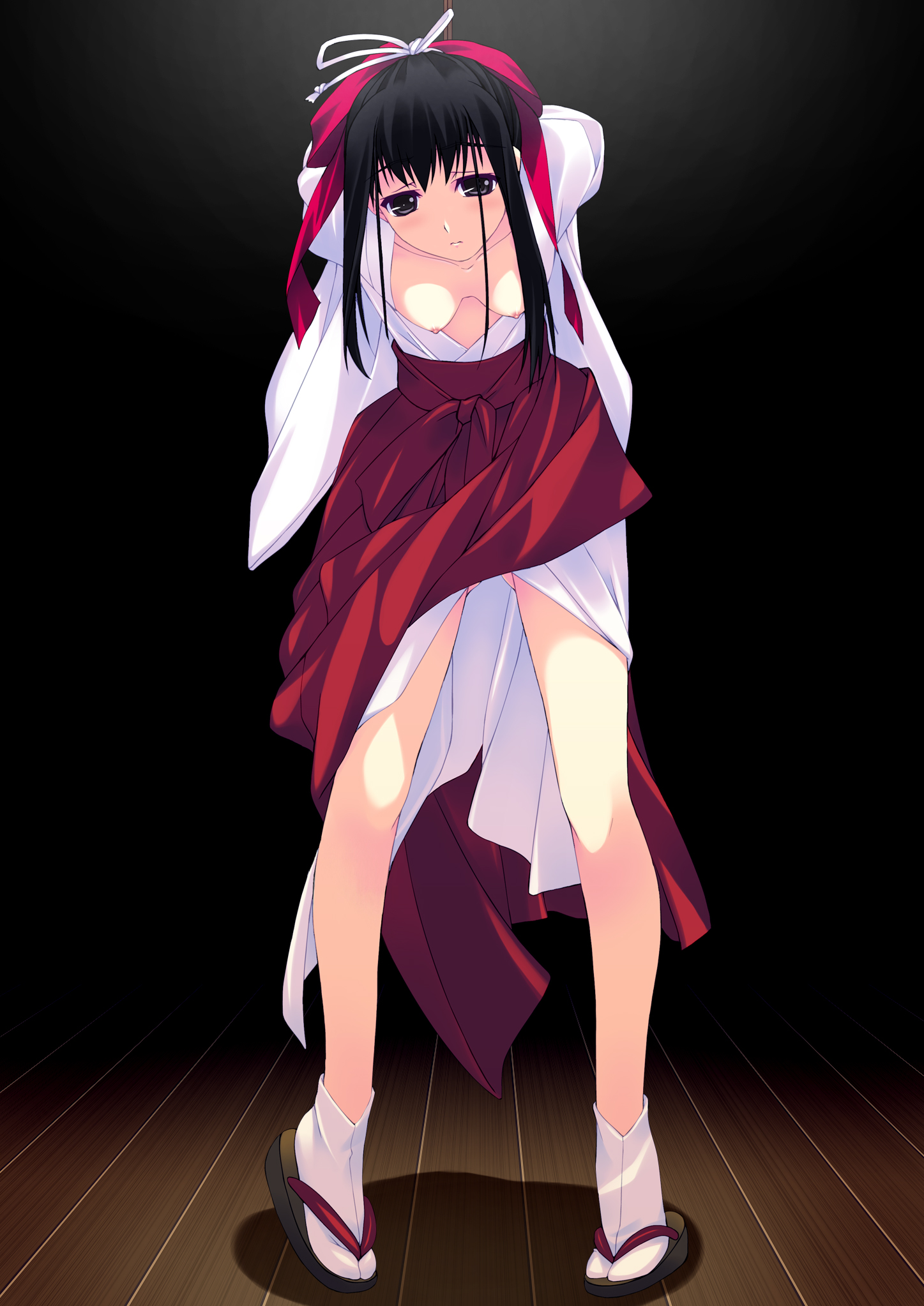 murakami suigun, f-ism, original, highres, 1girl, arms behind back, assisted exposure, bdsm, bondage, bound, breasts, female focus, hakama, hakama skirt, japanese clothes, medium breasts, miko, nipples, red hakama, skirt, solo, strappado, tabi