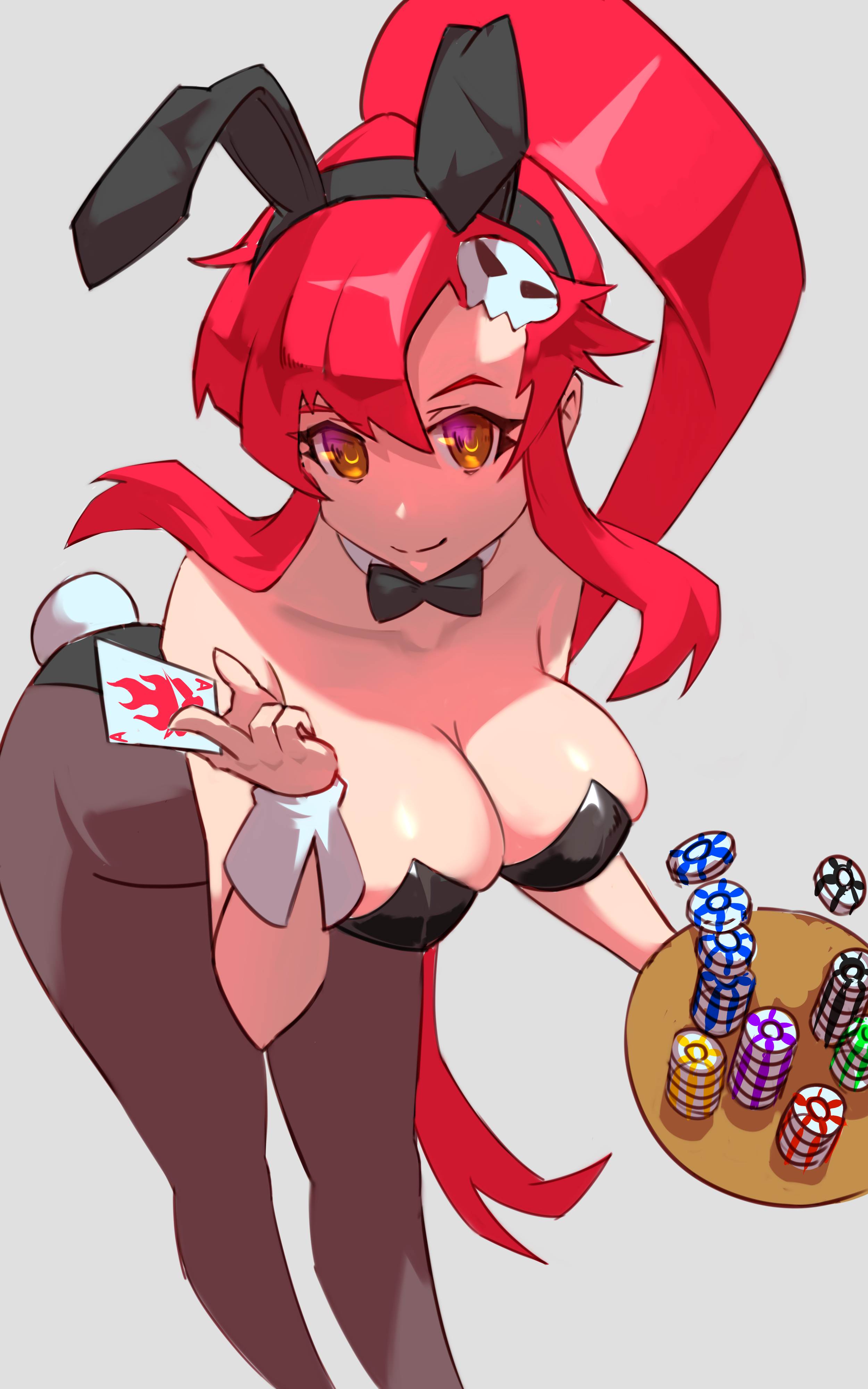 ura dora, yoko littner, tengen toppa gurren lagann, absurdres, commentary request, highres, 1girl, ace (playing card), animal ears, bare shoulders, bent over, black leotard, bow, bowtie, breasts, brown pantyhose, card, cleavage, detached collar, fake animal ears, fake tail, hair ornament, highleg, highleg leotard, holding, large breasts, leotard, long hair, looking at viewer, pantyhose, playboy bunny, playing card, poker chip, ponytail, rabbit ears, rabbit tail, red hair, skull hair ornament, smile, solo, strapless, strapless leotard, tail, traditional bowtie, very long hair, white wrist cuffs, wrist cuffs, yellow eyes