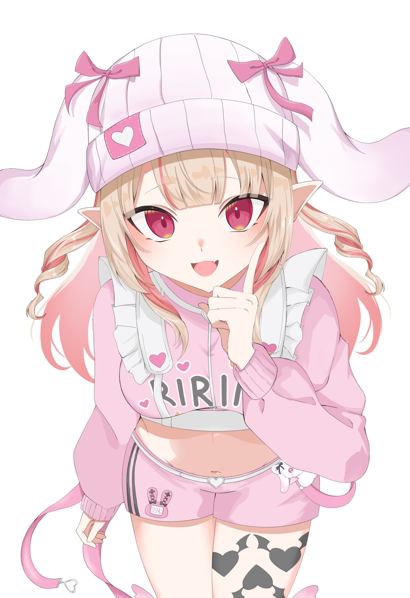 makaino ririmu, nijisanji, highres, 1girl, :d, animal ears, beanie, belt, blunt bangs, blush, bow, buckle, character name, chest harness, clothes writing, colored inner hair, cowboy shot, cropped jacket, drill hair, fake animal ears, fang, finger to cheek, floppy ears, frills, grey hair, hair down, harness, hat, hat bow, heart, heart-shaped buckle, index finger raised, jacket, leg tattoo, long hair, looking at viewer, loose belt, midriff, misato05040, multicolored hair, name tag, navel, official alternate costume, official alternate hairstyle, open mouth, pants, pink belt, pink bow, pink hair, pink jacket, pink shorts, pink streaks, pointy ears, rabbit ears, red eyes, short shorts, shorts, sidelocks, simple background, skin fang, sleeves past wrists, smile, solo, streaked hair, stuffed animal, stuffed toy, tattoo, track jacket, track pants, two-tone hair, virtual youtuber, white background, white belt, winged heart, winged heart tattoo