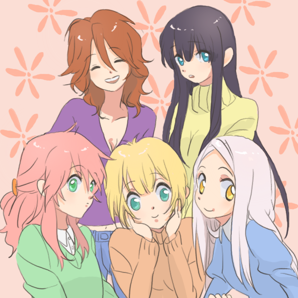 kamerow, feldt grace, louise halevy, marina ismail, soma peries, sumeragi lee noriega, gundam, gundam 00, light purple hair, bad id, bad pixiv id, 00s, 5girls, black hair, blonde hair, blue eyes, brown hair, green eyes, multiple girls, orange shirt, pastels, pink hair, shirt, sweater, yellow eyes