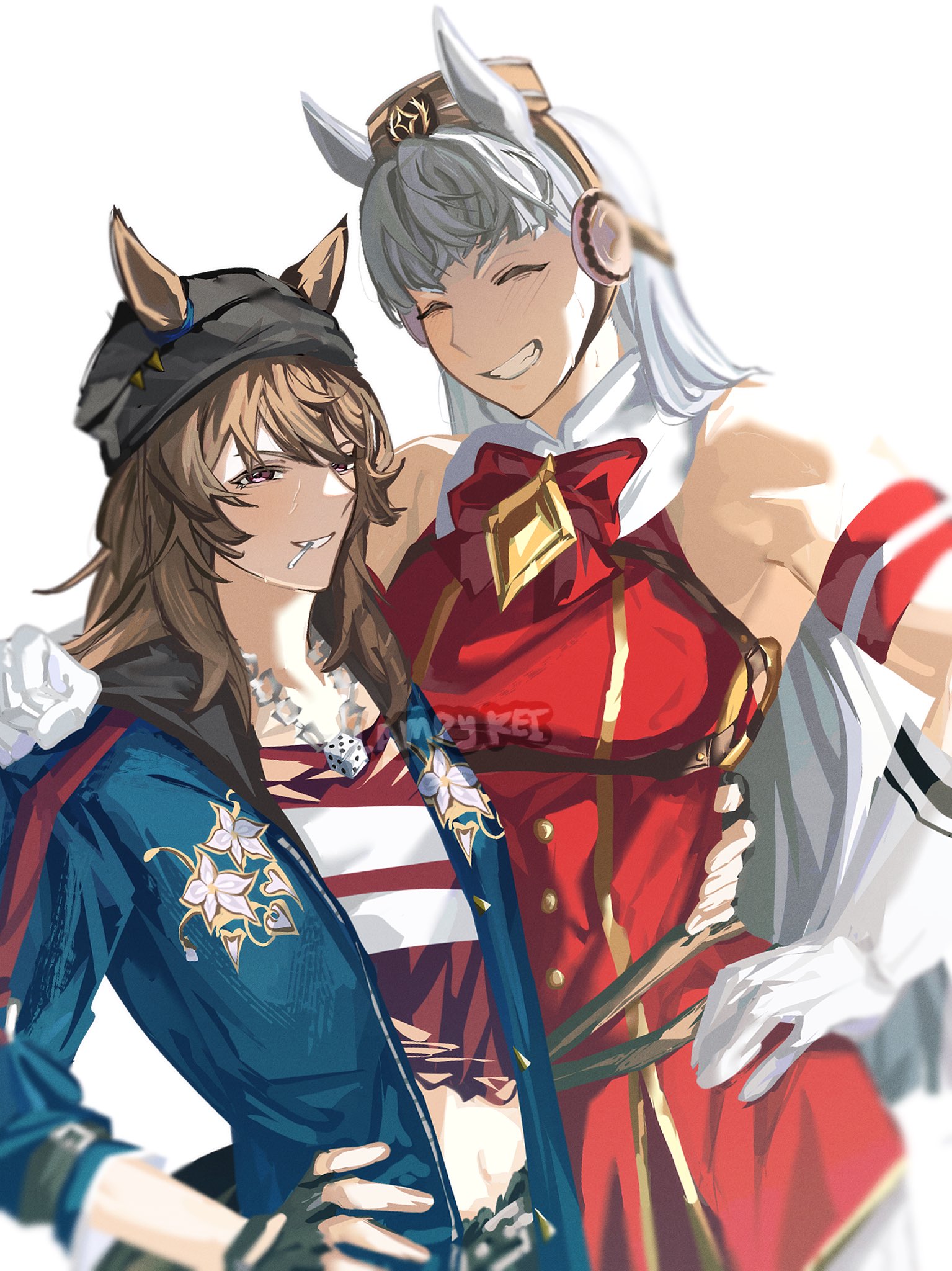 lampy uikoko, gold ship (red strife) (umamusume), gold ship (umamusume), nakayama festa (shichuukyuukatsu) (umamusume), nakayama festa (umamusume), umamusume, highres, 2girls, animal ears, arm around shoulder, armband, beanie, blue jacket, blunt bangs, blush, bow, bowtie, breasts, brown hair, brown hat, candy, closed eyes, coat, dice, dice necklace, dice pendant, dress, ears through headwear, fingerless gloves, food, gloves, grey hair, grey hat, grin, hair between eyes, hat, horse ears, horse girl, jacket, jewelry, lollipop, lollipop in mouth, long hair, long sleeves, looking at viewer, midriff, multiple girls, navel, necklace, open clothes, open jacket, open mouth, pillbox hat, purple eyes, red armband, red bow, red bowtie, red dress, red shirt, shirt, simple background, sleeveless, sleeveless dress, smile, striped armband, striped clothes, teeth, torn clothes, upper body, white armband, white background, white gloves