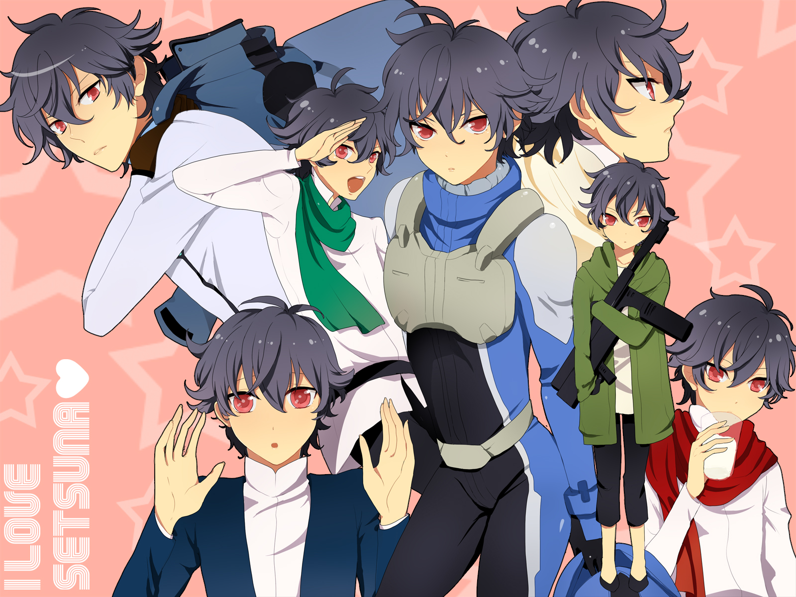 belluch, konnyakuyukko, setsuna f. seiei, gundam, gundam 00, pilot suit, bad id, bad pixiv id, highres, 00s, 1boy, aged down, aged up, black hair, child, cup, gun, hood, hoodie, multiple persona, red eyes, salute, scarf, short hair, star (symbol), weapon