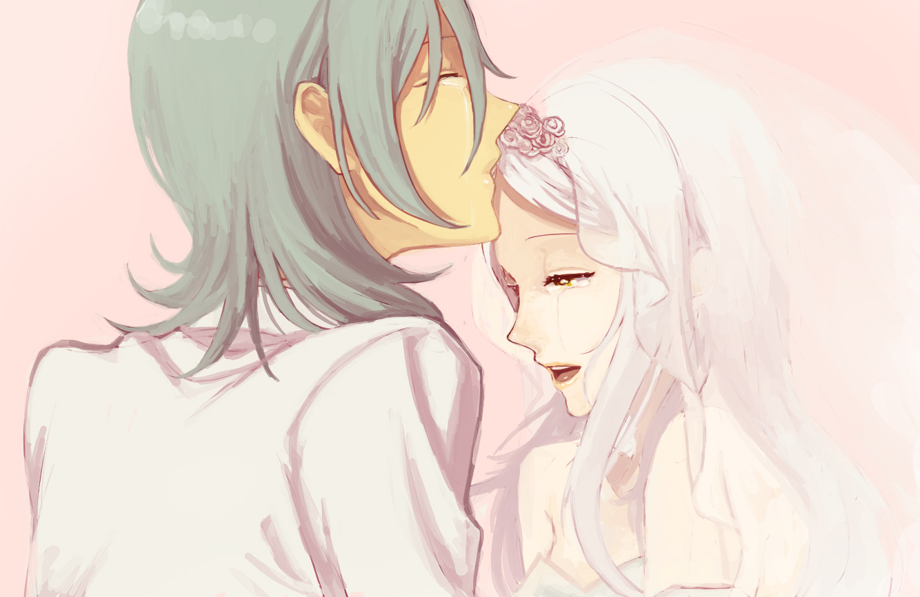 belluch, konnyakuyukko, allelujah haptism, soma peries, gundam, gundam 00, bad id, bad pixiv id, 00s, 1boy, 1girl, bridal veil, bride, couple, dress, green hair, hetero, kiss, kissing forehead, tears, veil, wedding, wedding dress, white hair