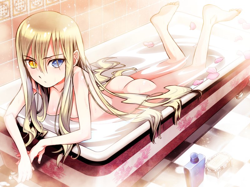 akira (kaned fools), mary clarissa christie, liarsoft, shikkoku no sharnoth, steampunk (liarsoft), screencap, game cg, 1girl, ass, barefoot, bath, bathing, bathroom, bathtub, blonde hair, blue eyes, checkered floor, claw foot bathtub, female focus, heterochromia, long hair, nude, partially submerged, petals, rose petals, solo, steam, very long hair, water, yellow eyes