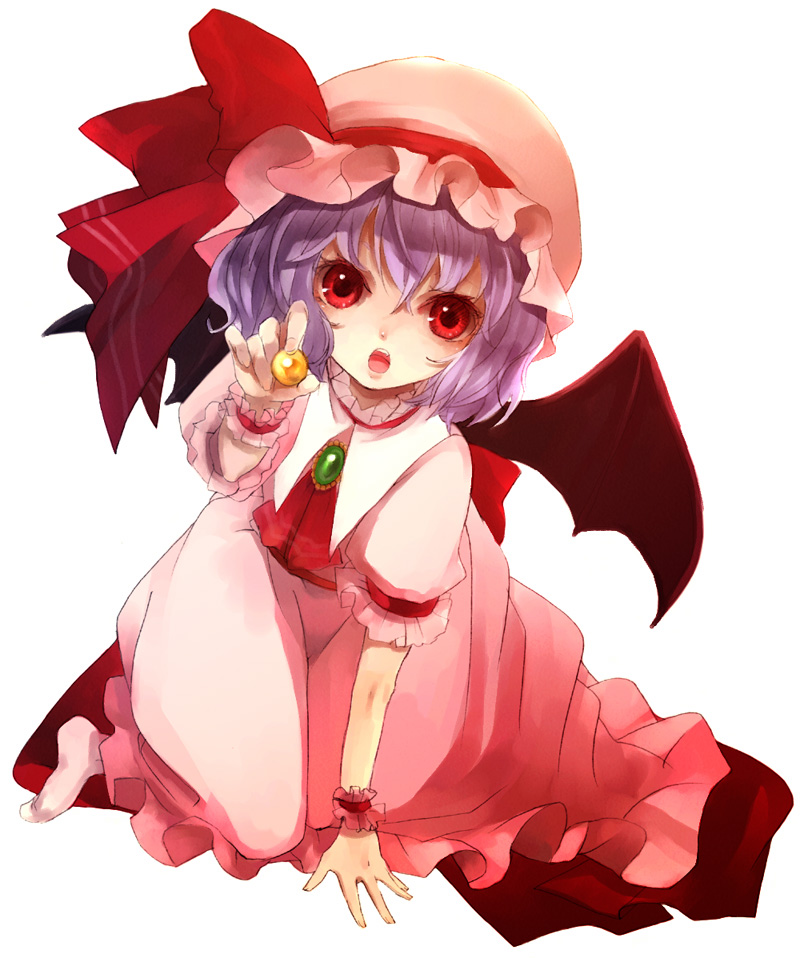 shimakoma, remilia scarlet, touhou, bad id, bad pixiv id, 1girl, dress, feet, female focus, full body, hat, purple hair, red eyes, ribbon, simple background, socks, solo, white background, wings