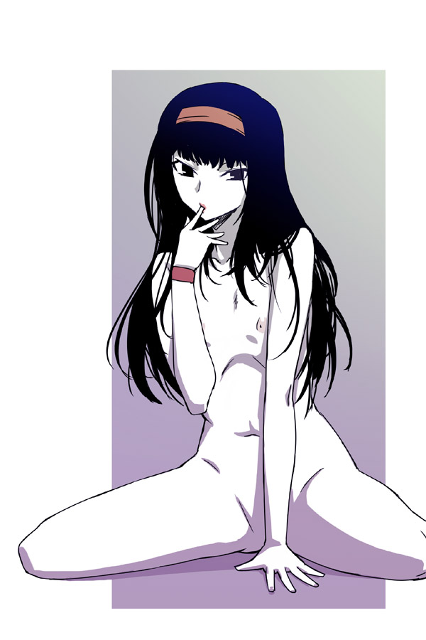 michael f91, original, black eyes, black hair, bracelet, flat chest, hairband, headband, jewelry, long hair, navel, nipples, nude, solo, spread legs, wristband